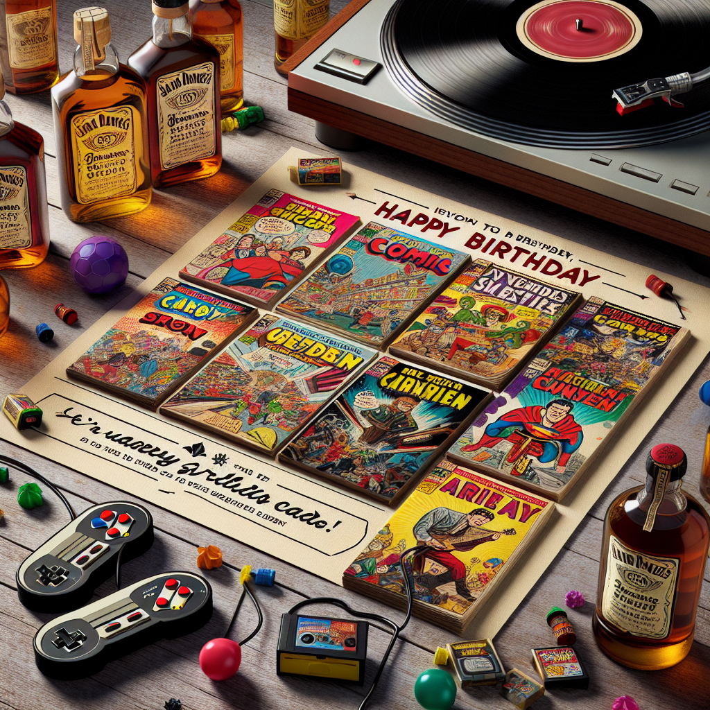 Create an image introducing a whimsically adorable vector designed birthday card that draws inspiration from past leisure themes. The primary focus should be a set of vintage comic books, their colorful and vibrant covers providing a lively atmosphere. On top of the comics, arrange a variety of old-fashioned video game controllers and cartridges suggesting fun-filled celebration. In the background, place a classic turntable with a spinning vinyl record setting the ambiance, its visual representation of soundwaves intertwining with the other elements. Lastly, align an orderly sequence of stylized rum bottles featuring custom vintage labels, wrapping up this birthday arrangement with a bit of mature delight set in an atmosphere of nostalgic and playful retro feelings.
Generated with these themes: Comics, Records, Rum, and Retro video games.
Made with ❤️ by AI.