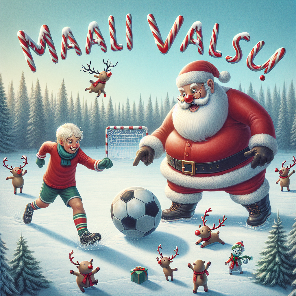 A charming Christmas illustration depicts Santa Claus engaged in a playful game of soccer with a blonde boy amidst the snowy backdrop of Lapland. In the foreground, the ball is about to be kicked as elves cheer on from the sidelines. A mischievous reindeer wearing festive ribbons sidelines as the goalkeeper. Above the action, the words 'Maali Valtsu!' are emblazoned in candy cane-striped lettering, adding to the seasonal spirit of the scene.
Generated with these themes: Santa playing soccer against a blonde boy in lapland.
Made with ❤️ by AI.