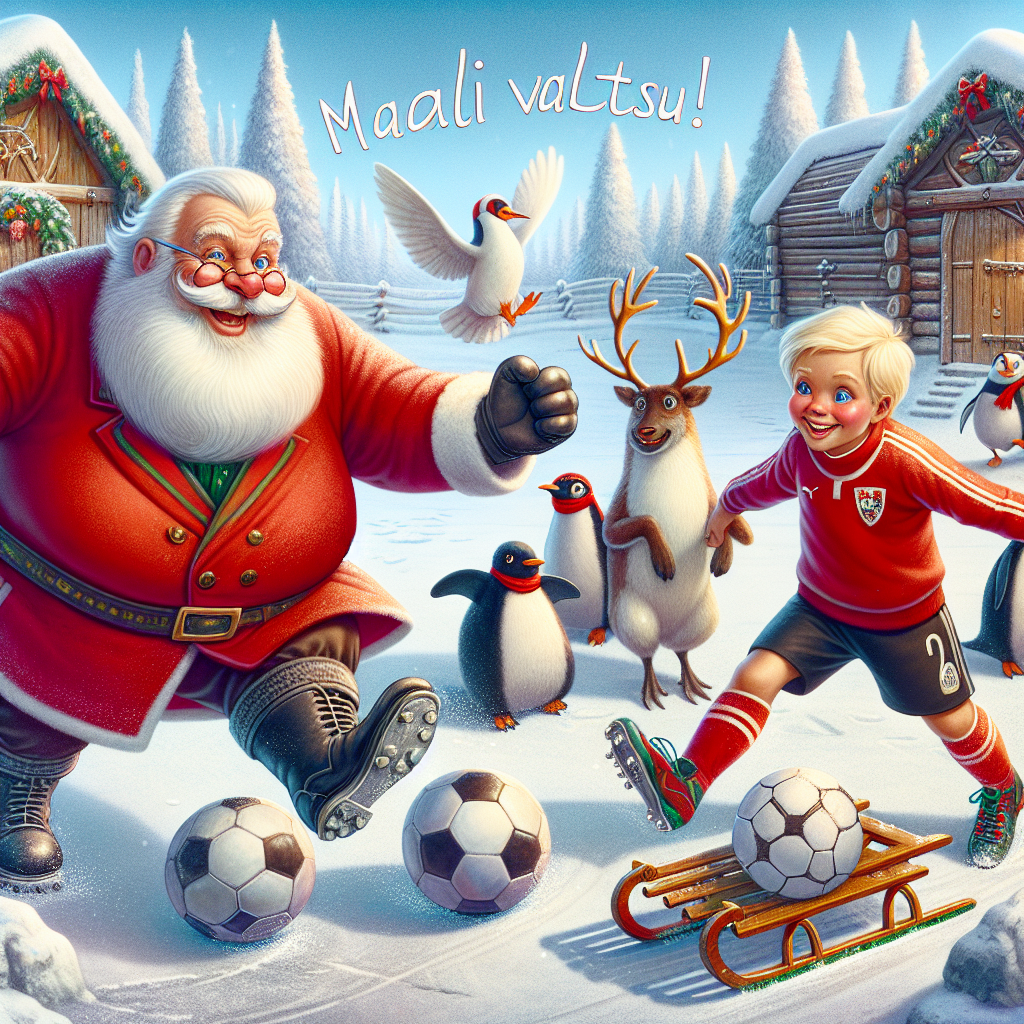 Featuring Santa Claus in a friendly soccer match with a blonde boy, this heartwarming Christmas-themed illustration transports viewers to the idyllic setting of Lapland. They play on a snow-dusted field, with a team of penguins acting as referees. Santa's sleigh and reindeer wait patiently on the sidelines, against a backdrop of cozy log cabins. The scene is completed with the cheerfully written 'Maali Valtsu!' floating above in a banner held by two flying doves.
Generated with these themes: Santa playing soccer against a blonde boy in lapland.
Made with ❤️ by AI.