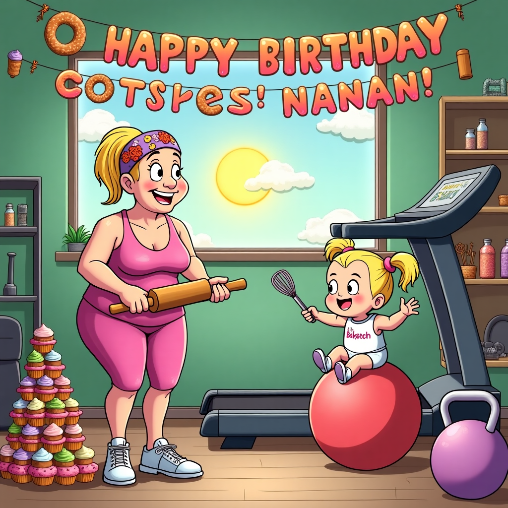 In a bustling kitchen gym, an eccentric cartoon scene unfolds. On the left side, a sprightly blonde Grandma wearing a floral workout headband and pink leotard is holding a rolling pin like a barbell, her determined expression suggesting she's in the midst of her "bake and lift" session. Her sneakers are dusted with flour, and an array of colorful, half-decorated cupcakes form a playful pyramid beside her. To her right, a giggling blonde baby girl with pigtails, dressed in a tiny gym outfit with "Lil' Baker" emblazoned across her onesie, is perched atop an exercise ball. She's gleefully holding a whisk that seems to double as a rattle. The room is filled with a comical mix of gym and kitchen equipment: a treadmill adorned with a rolling pin and spatula, dumbbells replaced by jars of sprinkles, and a kettlebell looking suspiciously like a bundt cake. Hanging above the scene is a vibrant birthday banner made from strings of pretzels and frosted donuts, spelling out "Happy Birthday Nanan!" in vivid icing colors. The backdrop shows the outside through a window where the sun is cheerfully shining, and clouds in the sky whimsically spell "Nanan" as if to echo the joyous celebration. This lively scene marries the elements of fitness and baking in a fantastically funny family tableau.
Generated with these themes: Grandma blonde, Baby girl blonde, Gym, and Baking.
Made with ❤️ by AI.