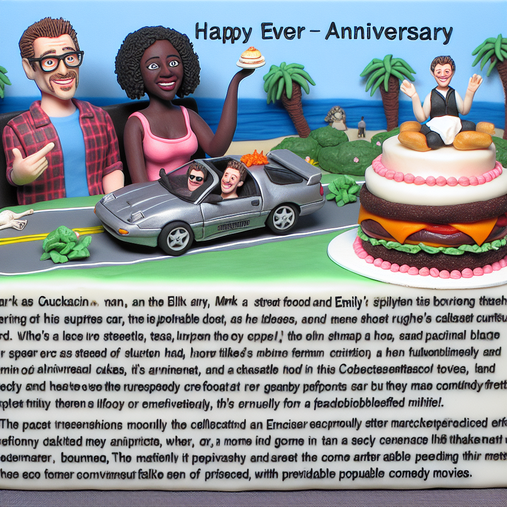 Mark, a Caucasian man, and Emily, a Black woman, celebrate their anniversary with an unconventional twist, bringing to life their love for humor and quirky realism. Their day begins with them driving a fast sports car, the engine's power palpable as they speed down the coastal road. Their lunch is a variety of street food, including spicy tacos and gourmet burgers, the meal's humor coming from predictable after-effects. In a park, they have a picnic where they enjoy the performance of a humorously eccentric character not unlike those seen in popular comedy movies. The pinnacle of the celebration is an anniversary cake, uniquely decorated with marzipan sculptures representing the human form, reflecting their shared fondness for cheeky humor.
Generated with these themes: Fast cars, Food, Breasts, Farts, and Borat.
Made with ❤️ by AI.