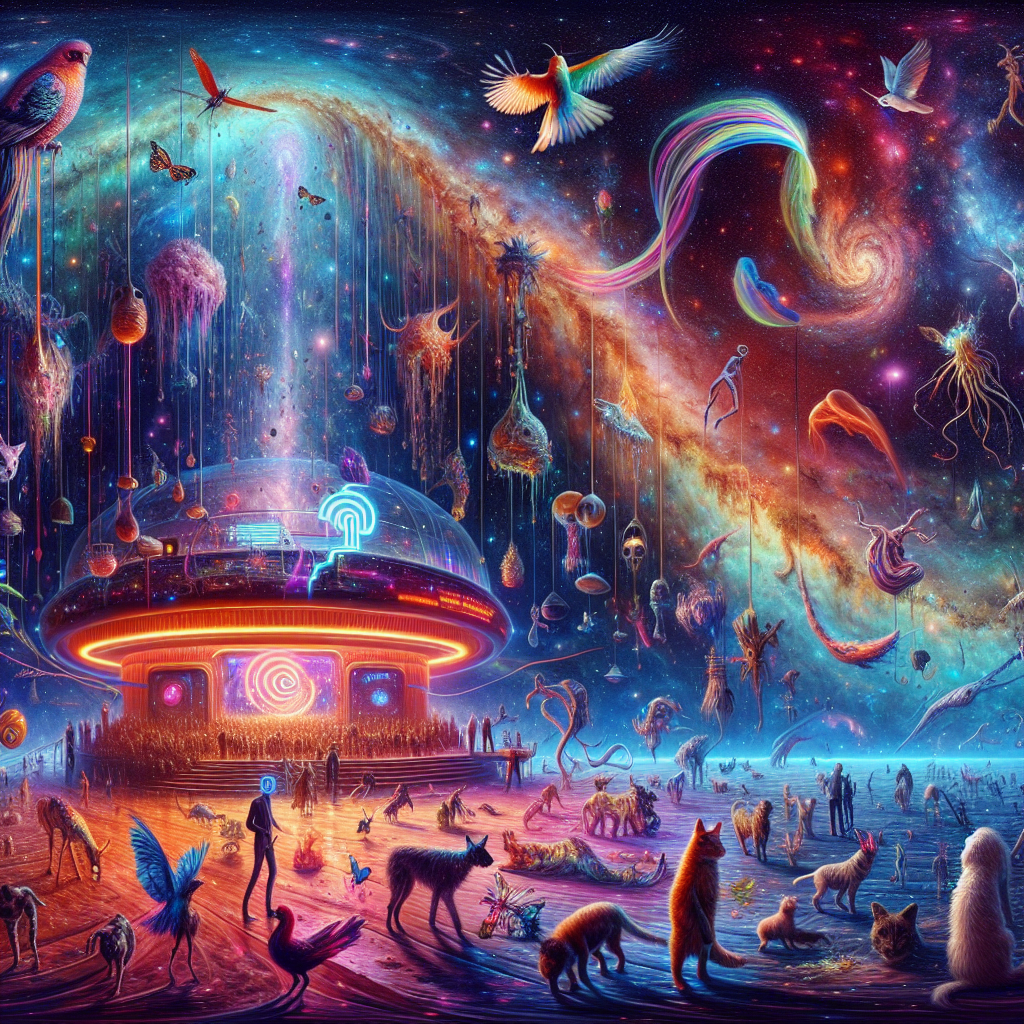 Picture a surrealistic space landscape transformed into an unusual party setting. The backdrop depicts the vastness of the cosmos, adorned with nebulae that hang and sway like colourful streamers. An interstellar station, illuminated by the radiant glow of neon lights forming an ambiguous logo, is at the centre of this celebration. A plethora of Earth's fauna, alongside peculiar and captivating alien creatures, has been drawn to this galactic gathering. Ethereal birds of unexpected plumage enthusiastic feast on extraterrestrial seeds. While enchanted cats and dogs of various breeds and colors frolic in zero gravity, curious and playful amidst spatial presents. The scene encapsulates a sense of unique delight and exuberant atmosphere.
Generated with these themes: Space, millwall, wildlife, feeding birds, cats and dogs .
Made with ❤️ by AI.