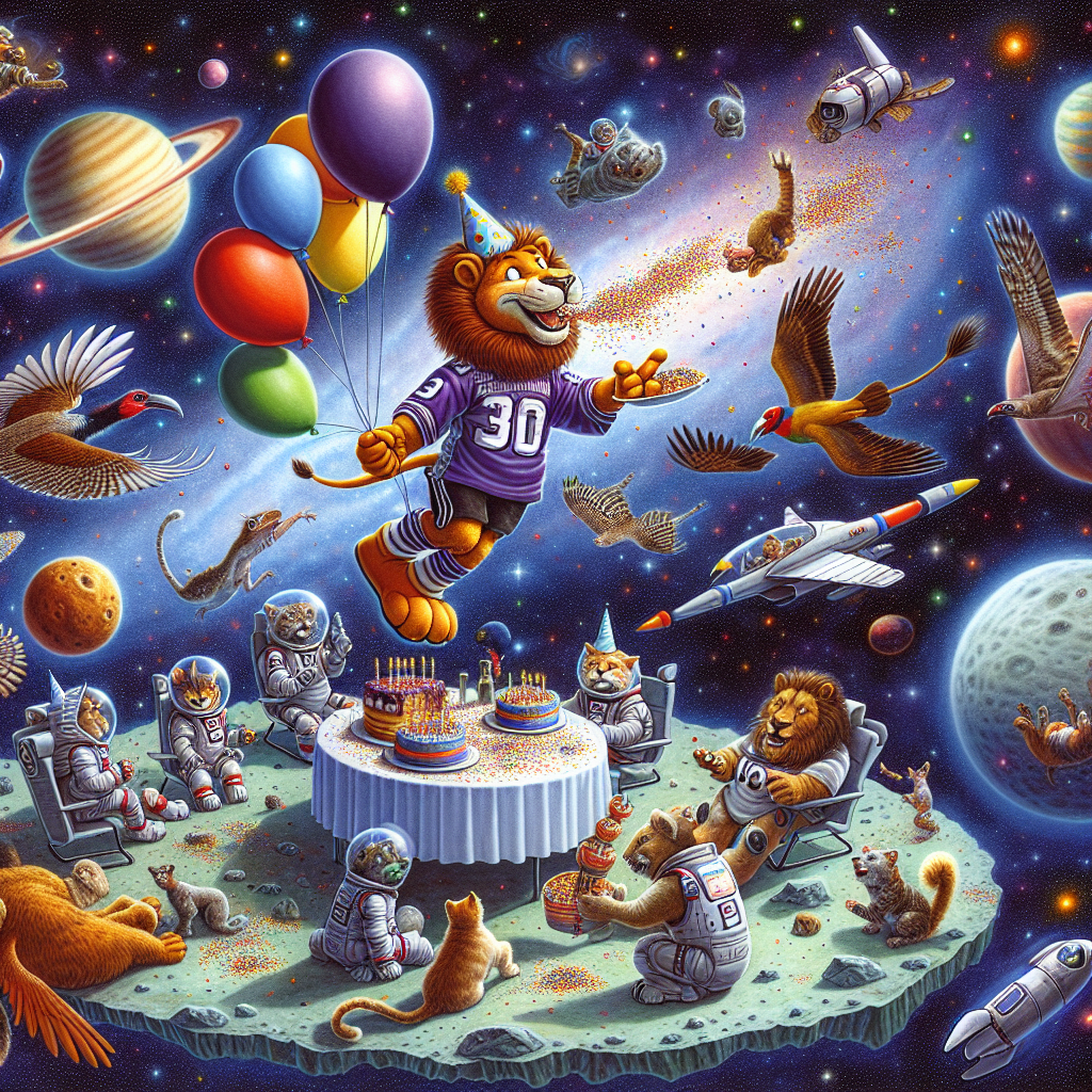 A celestial birthday party takes place amongst the cosmos, where galaxies, stars, and planets serve as the landscape. Suspended amidst the universe is a festive anthropomorphic lion, known as a football team mascot, garbed in party attire. This character joyously distributes birdseed to a multitude of unique birds with appearances suggesting an extraterrestrial origin. Situated on a neighboring asteroid, an assembly of friendly alien fauna observes with interest. In the vicinity, a group of otherworldly cats and dogs indulge in happy play, comically swatting at astral-themed birthday balloons and pursuing the tails of comets.
Generated with these themes: Space, millwall, wildlife, feeding birds, cats and dogs .
Made with ❤️ by AI.