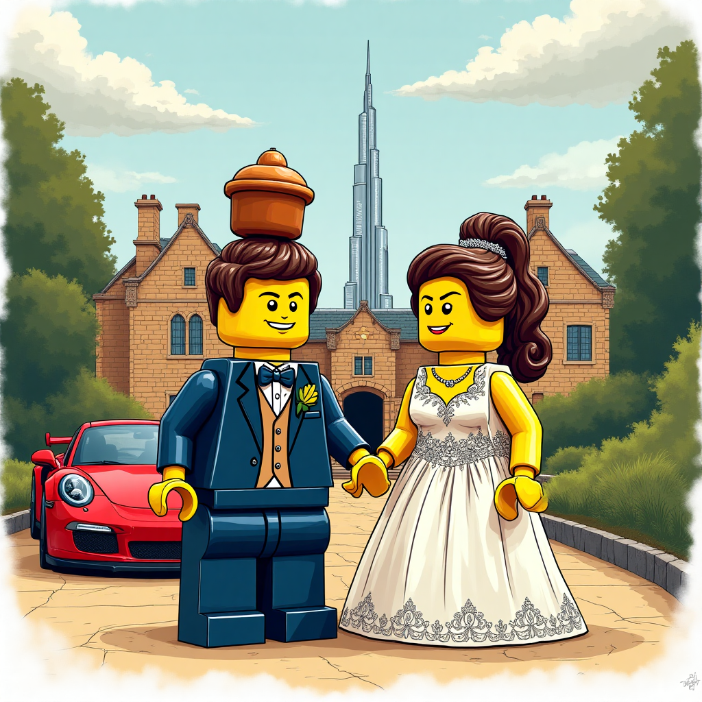 Lego style, lego groom and bride, thicket priory in yorkshire, porsche, fashion brands, rolex, burj khalifa, yorkshire pudding, and Wedding Card