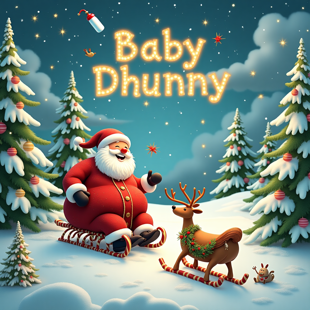 In this whimsical and surreal photograph for a new-baby greetings card, the scene is set in a magical, snowy Christmas landscape, where a cheerful, rotund Santa Claus is joyfully sledding down a gentle, sparkling hill made entirely of powdered sugar. His red suit is accented with golden threads that glimmer under the soft glow of the northern lights. His sled is made of candy canes, entwined together, and adorned with mistletoe and tiny silver bells that jingle merrily as he glides. Behind him, a herd of tiny reindeer, no bigger than rabbits, leap and prance playfully, leaving trails of star-shaped footprints in the sugar snow.

Towering Christmas trees, their branches heavy with snowflakes that resemble delicate lace, surround the scene. The trees are adorned with luminous ornaments that mimic giant snowflakes and glistening icicles, reflecting a kaleidoscope of colors. Each tree seems to whisper secrets of the holiday season, with small songbirds wearing miniature Santa hats perched on the branches, chirping a gentle lullaby.

In the sky, the clouds form into the shape of a baby bottle and a pacifier, subtly hinting at the new arrival. The most enchanting detail is the name "Baby Dhunny," which is spelled out in twinkling stars that dance across the twilight sky, creating a celestial banner. Below, nestled amidst the roots of the grandest Christmas tree, is a quaint wooden cradle painted in soft hues of mint and lavender. It's festooned with garlands of holly and surrounded by a gentle snowfall of shimmering confetti, as if the very air is celebrating the new life of Baby Dhunny.
Generated with these themes: Santa , and Christmas .
Made with ❤️ by AI.