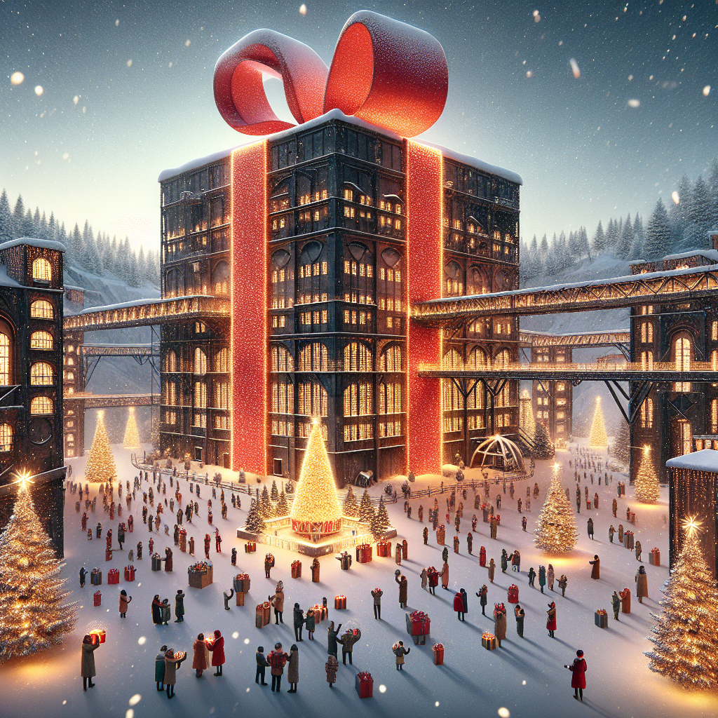 A heartwarming Christmas illustration features the iconic Palazzo Industriale wrapped with a bright red ribbon and bow, giving the impression of a colossal gift. Golden twinkling lights adorn the structure and the surrounding snow-dusted trees, while cheerful holiday-goers marvel at the sight, clasping warm beverages and exchanging gifts beneath a sky filled with soft snowflakes.
Generated with these themes: palazzo industriale incartato come un regalo.
Made with ❤️ by AI.