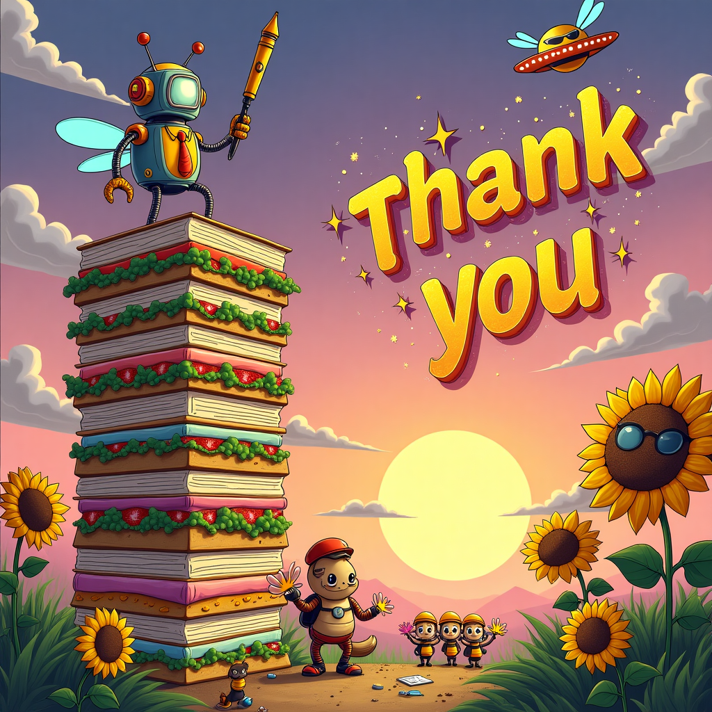 The scene unfolds in a whimsical, bustling universe reminiscent of a vibrant comic book world. Picture an exaggeratedly tall stack of thank-you notes, each letter on a page resembling a giant sandwich with layers of colorful ingredients like lettuce, cheese, and tomatoes peeking out. Atop this skyscraper of gratitude, a quirky character—a cross between a retro robot and a friendly office worker with a tie made of circuit boards—is balancing precariously while holding a gigantic fountain pen, its ink forming a waterfall of heartfelt thanks. 

In the foreground, a group of adorable cartoonish bees, each wearing tiny construction helmets, are busy building a bridge made of "thank you" candy wrappers to the towering sandwich stack. They’re using candy canes as scaffolding, buzzing around enthusiastically. To the right, a cheeky squirrel in an artist’s beret is painting an oversized canvas with a splatter of vivid colors spelling out "Janammmmmmm Farahi" using the sky itself as the backdrop. The letters are shaped like fluffy clouds, drifting gently above the scene, as if a gentle breeze might nudge them into a new formation.

In the background, towering sunflowers with their faces resembling happy emojis sway in harmony, cheering on the bustling bees and robotic friend. The sun is a comically oversized emoji itself, wearing sunglasses and winking at the viewer, casting playful shadows that dance across the scene. A friendly UFO, hovering overhead, is using a laser beam to etch the words "Thank You" in giant, twinkling stars across the evening sky. The horizon is a palette of soft pastel hues transitioning from an orange sunset to a deep, starlit purple night, completing this playful, gratitude-filled universe.
Generated with these themes: Thirr har work .
Made with ❤️ by AI.