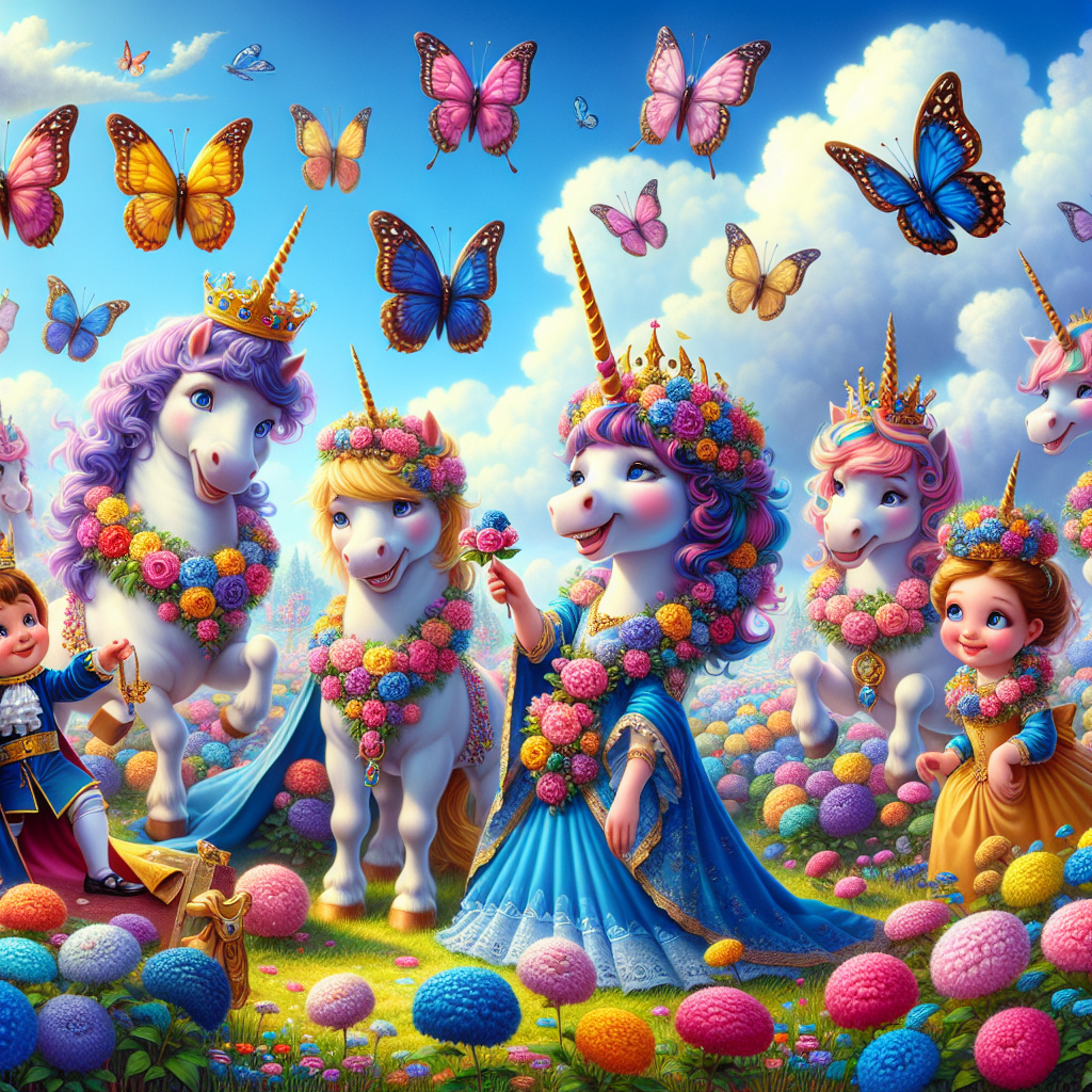 The second imaginative variation depicts a scene within an enchanting meadow beneath an unclouded azure sky. Animated-style public figures donned in royal attire jovially interact with cheerful and unique unicorns, each adorned with their own distinct flower garlands. Butterflies, each with different shapes and colors, introduce a vibrant sense of movement, contributing to the joyous ambiance that's perfectly suited for a birthday-themed scene.
Generated with these themes: Flowers, Butterflies, Queens, and Unicorns.
Made with ❤️ by AI.