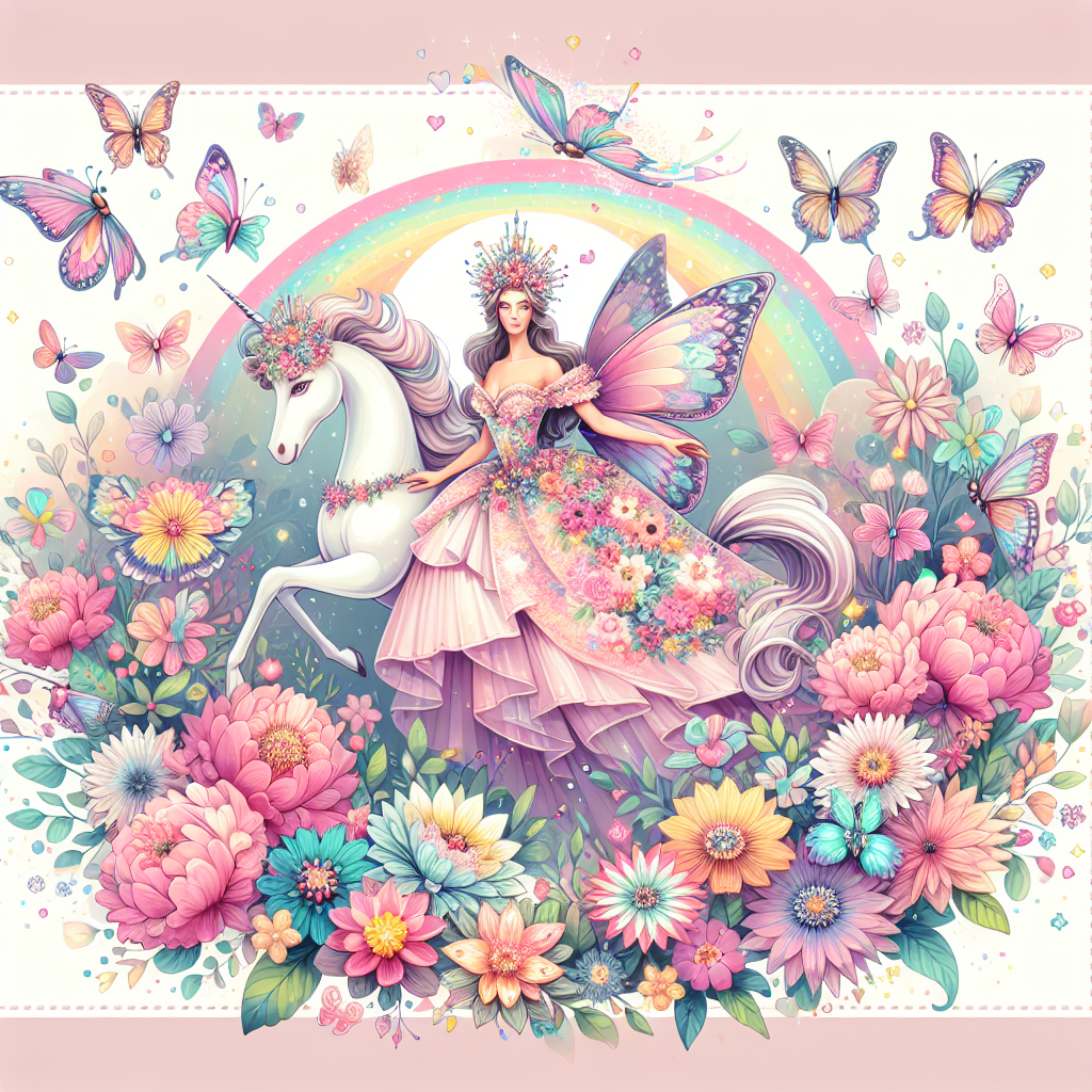 Fashion a whimsical birthday theme with a soft pastel color palette. At the center of the design, place a regally adorned woman in a floral gown as she sits on a majestic unicorn amidst a fluttering kaleidoscope of butterflies. Envelop them within a lush cartoon-style garden where vibrant flowers erupt with life, contributing a touch of enchantment to the scene.
Generated with these themes: Flowers, Butterflies, Queens, and Unicorns.
Made with ❤️ by AI.