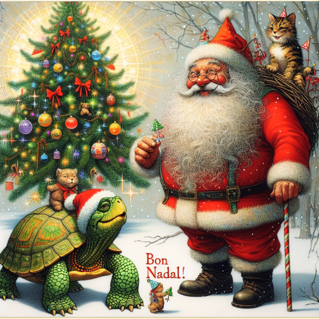 In this adorable cartoon depiction, a grand Christmas tree is the focal point, adorned with colorful lights and ornaments. A playful cat and a contented turtle are having a birthday celebration at the tree's base, both wearing festive hats. Santa is near them, cheerfully interacting with the animals. The greeting 'Bon Nadal!' is prominently displayed in the scene, invoking the joy of Christmas and birthday festivities.
Generated with these themes: A cat, a turtle and a santa near a Big Christmas tree .
Made with ❤️ by AI.