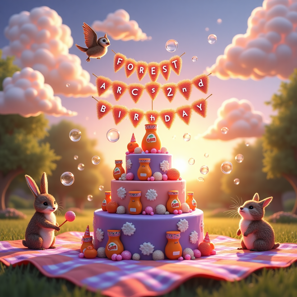 In the whimsical and magical world of a children's birthday party, imagine a vibrant scene unfolding on a purple and orange checkerboard picnic blanket, set in a lush garden glimmering with the late afternoon sun. At the center, a fantastical birthday cake towers, bedecked with twinkling bubbles made of sugar that catch the light just so, creating a sparkling effect that mimics glitter. The cake is adorned with playful fondant figures in the shape of miniature laundry detergent bottles, each emblazoned with the iconic Gain Laundry logo, cleverly crafted to look like adorable cartoon characters celebrating along.

Above the scene, the sky is a playful mosaic of purples and oranges, as if painted by a whimsical sunset. Across the sky, puffy white clouds shaped like giant, floating laundry detergent bubbles drift lazily. Intertwined among these clouds, in vivid, glittering letters that seem to be made of shimmering soap suds, is a sky-high banner reading "Forest Arc's 2nd Birthday!" It arcs playfully, as if strung between the bubbles themselves, dancing slightly in an imaginary breeze.

Around the blanket, forest creatures, reminiscent of Beatrix Potter's charming characters, are joyfully participating in the celebration. A mischievous rabbit is seen trying to balance on a bubble, while a hedgehog adorned with a tiny orange party hat juggles glittery balls. An owl, with its wings outstretched, swoops playfully through the sky, trailing a glittering string of bubbles that spell out "2nd" as they pop into sparkling confetti.

In the background, a giant, enchanted laundry basket sits as a playful, unexpected throne for Forest Arc. Its surface gleams with a holographic sheen of purple and orange, reflecting the fantastical, bubble-filled landscape around it. The entire scene feels alive with movement and a sense of magical realism, each element interacting with the others to create a delightful, intricate tapestry celebrating Forest Arc's special day.
Generated with these themes: Gain Laundry logo , Bubbles, Glitter, Purple, and Orange .
Made with ❤️ by AI.