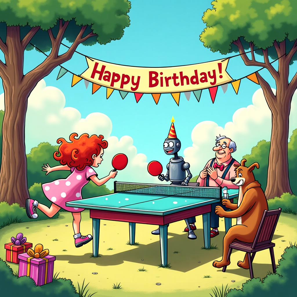 The front cover of the birthday card features an enchanting scene bustling with whimsy and lively details. At the heart of the image is a vibrant, cartoonish table tennis table, designed in an imaginative style reminiscent of Charles Schulz and Bill Watterson, where the net is fashioned from a festive string of multicolored bunting, fluttering in a gentle breeze. The table itself is covered in polka dots and pastel colors, giving it a playful, party-like appearance.

Surrounding the table are four quirky characters, each reflecting the timeless charm of Hergé’s Tintin and the expressive dynamics of Gary Larson’s The Far Side. On one side, a lively young girl with curly red hair and a polka dot dress, energetically leaps to hit a giant birthday cake-shaped ping pong ball. Her sneakers leave cartoonish motion lines, capturing the energetic swing reminiscent of Calvin's antics from Calvin and Hobbes.

On the opposite side, a small, friendly robot with a metallic sheen, drawing inspiration from Osamu Tezuka’s Astro Boy, balances a paddle in one hand, and a tiny birthday candle in the other, its screen-like face flashing a digital smile. Next to the robot, a shaggy dog with oversized ears, akin to R. Crumb’s playful characters, balances on its hind legs, watching the game with a comically oversized paddle clasped in its paws.

Behind the table, a pair of joyful grandparent characters – a spry grandpa with suspenders and a quirky patterned bow tie, and a beaming grandma wearing a flowery hat – sit in folding chairs. Their faces, crafted with Eisner-like expressiveness, show shared excitement as they clap and cheer, surrounded by stacks of wrapped presents with elaborate bows.

The background of the scene depicts a bright, cartoon-style park, with tall, whimsically twisted trees and a vivid blue sky filled with fluffy, curlicue clouds reminiscent of Winsor McCay’s dreamlike sceneries. In the foreground, a festive birthday banner strung between two trees proudly announces “Happy Birthday!” in bold, colorful letters that echo Art Spiegelman’s impactful graphic style, ensuring that the scene feels both celebratory and delightfully unique.
Generated with these themes: Tabletennistable, People, and .
Made with ❤️ by AI.