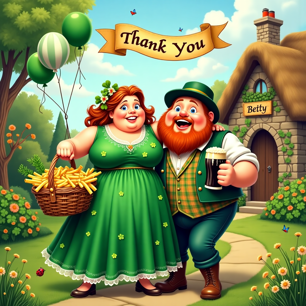 The greeting card front cover bursts with a lively and humorous illustration, encapsulating a scene of jovial gratitude with St. Patrick's Day flair. Picture an outdoor setting, perhaps a lush green backyard under a soft, cloud-scattered sky. 

At the heart of the scene, an exuberantly detailed Italian woman stands robustly, her figure delightfully rotund and expressive, adorned in a bright emerald green dress peppered with shamrocks, clearly nodding to St. Patrick's Day. Her dress is accentuated with lace trim reminiscent of delicate Italian craftsmanship. She holds a gigantic, overflowing basket of various pasta shapes in one hand and a sprig of basil in the other, an ode to her Italian heritage.

Beside her, her Irish husband, a lean, ginger-haired fellow with twinkling blue eyes, dressed in a plaid waistcoat and bowler hat, clutches a pint of frothy Guinness, a nod to his Irish roots. His other arm affectionately wrapped around her shoulder. His vest is patterned in a subtle interlace of clover and Celtic knotwork.

In the background, a stone cottage with a thatched roof hints at a blend of Irish countryside with a touch of Italian villa, surrounded by wildflower-studded grass and cheerful, waving clovers. A wooden sign hanging from the cottage's door reads "Thank You" in a swirling, whimsical font, capturing the card's essence.

Floating above this playful duo, a bright banner stretches across the sky, festooned with green and gold balloons. The banner is stitched with a single word, “Betty,” rendered in a charming, curvaceous script that adds a personalized touch to the scene.

Details abound, from the ladybug nestled on a clover leaf to the butterflies flitting amidst the flowers, echoing the naturalistic charm found in Beatrix Potter’s works. This scene, vibrant with Norman Rockwell’s detailed storytelling, Beardsley's intricate patterns, and Blake's whimsical lines, promises a chuckle and warm thanks wrapped in vivid artistry.
Generated with these themes: St. Patrick's Day, heavy se Italian woman, Irish Husband.
Made with ❤️ by AI.