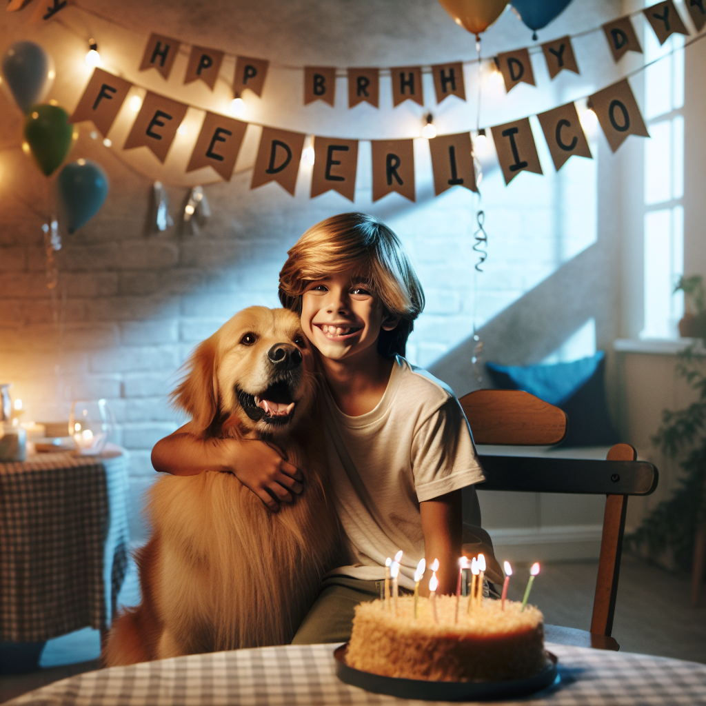 This delightful image portrays a cozy indoor birthday celebration. A Caucasian boy with golden hair, sporting a radiant smile that thoroughly illuminates the atmosphere, is embracing a friendly golden retriever. The walls are adorned with streamers and a hand-drawn sign cheerily spelling out the name 'Federico.' To one side, a table is set with a birthday cake under the light of lit candles, ready for the festive moment. The room is subtly illuminated with a warm glow that elevates the inviting and touching ambiance of the event.
Generated with these themes: Blond boy, Golden retriever, and The word 'Federico'.
Made with ❤️ by AI.