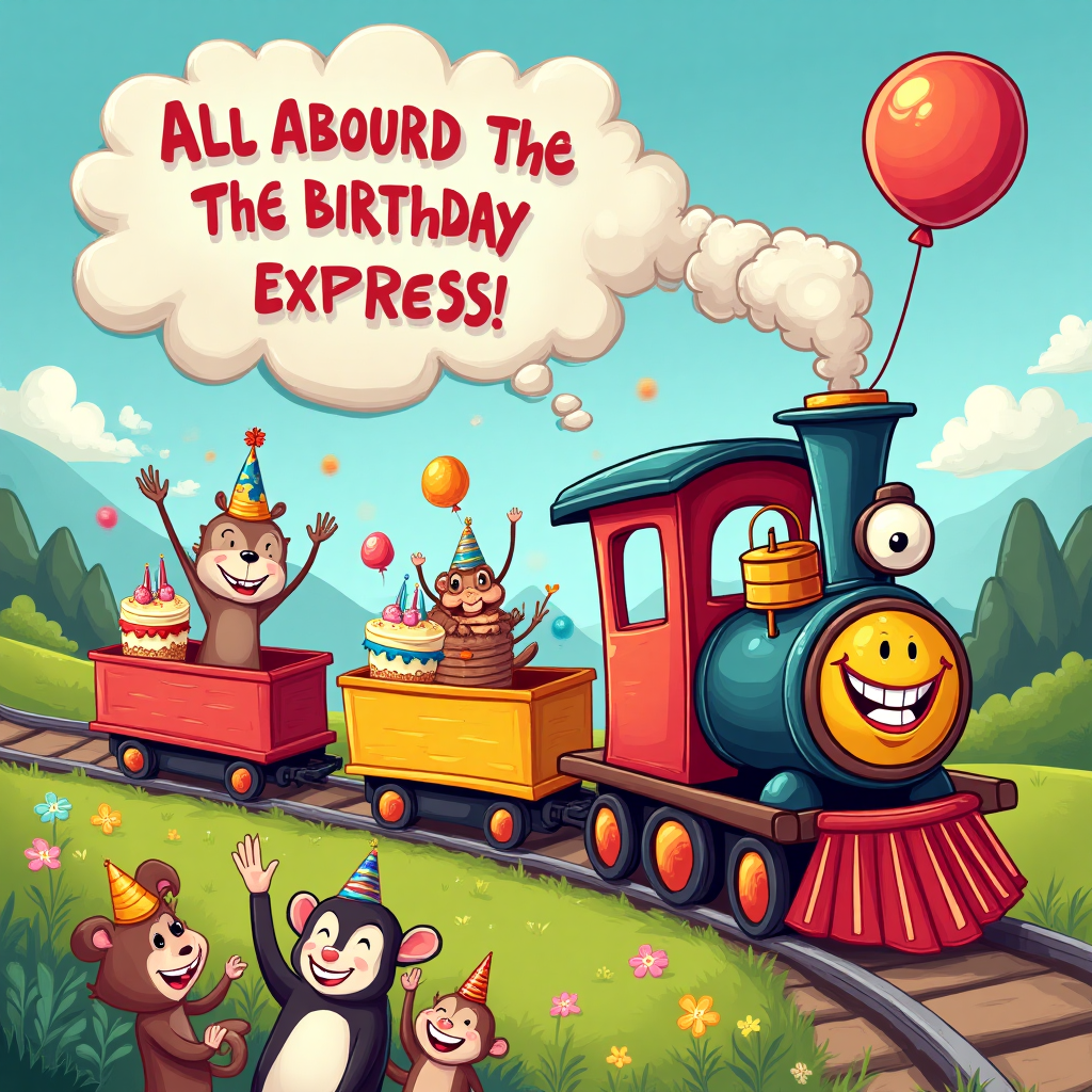 ### Image Prompt

At the top of the Cartoon Style image, "Poop poop happy birthday Cathy".

### Image Description

Create a vibrant and playful cartoon scene featuring a quirky steam train with a personality of its own. The train should have a comically large, expressive face with big googly eyes and a cheeky grin. It's chugging along a whimsical, winding track that snakes through a colorful, animated landscape filled with oversized, exaggerated features like giant flowers and cartoon-style clouds. 

The steam train, painted in bright, cheerful colors like red, yellow, and blue, puffs out clouds of steam that twist into funny shapes like balloons and birthday cakes. Each carriage of the train carries a different hilarious cargo, like a dancing cake, a juggling clown, and a parade of cheerful, waving animals wearing party hats.

In the foreground, a group of adorable cartoon characters—such as a friendly bear, a giggling penguin, and a mischievous monkey—are gathered, waving enthusiastically at the train as it passes by, adding to the festive birthday atmosphere. The characters are depicted with exaggerated features and joyful expressions, enhancing the playful mood.

Add a humorous speech bubble from the train's smokestack, saying, "All aboard the birthday express!" in a fun, hand-drawn font. This lively, colorful scene perfectly captures the joy and excitement of a birthday celebration, making it ideal for a birthday greeting card with a touch of humor and whimsy.
Generated with these themes: Steam train, and .
Made with ❤️ by AI.