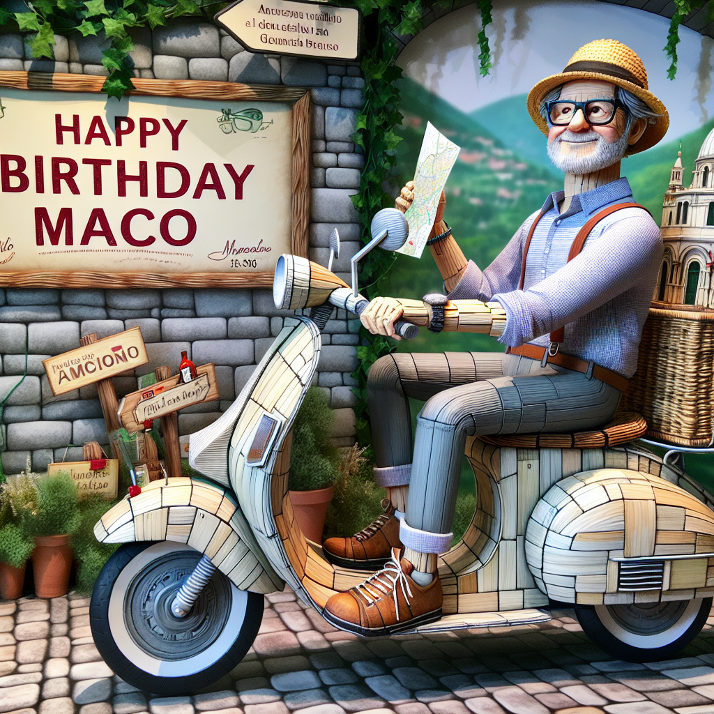 An endearing illustration features Marco in a traditional Italian hat, riding a Vespa scooter made out of cleverly assembled IKEA furniture. He’s zipping through a charming Italian village while holding a map, as the background includes the festive greeting 'Happy Birthday Marco' on a rustic, vine-wrapped signboard.
Generated with these themes: Travelling, Ikea, and Italian boy wearing a hat.
Made with ❤️ by AI.