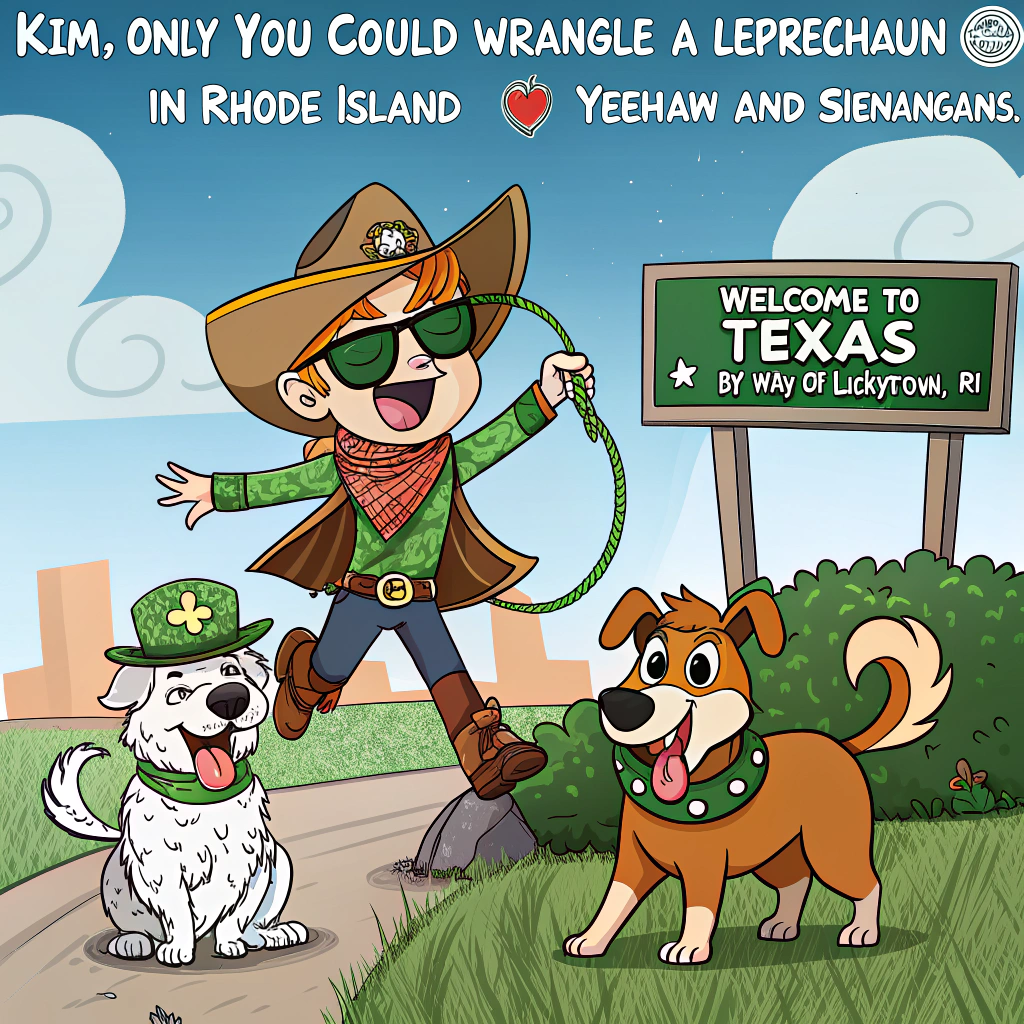 At the top of the image, "KIM, only YOU could wrangle a leprechaun rodeo in Rhode Island—yeehaw and shenanigans!"

– In the center of the image, illustrate a wild and whimsical cartoon scene: a cowboy-hat-wearing leprechaun trying to lasso a bunch of giggling dogs wearing shamrock sunglasses. The dogs are dressed like rodeo clowns, one riding a tiny mechanical bull shaped like the state of Rhode Island.

– A large signpost in the background says “Welcome to Texas by way of Luckytown, RI.”

– Balloons shaped like four-leaf clovers and cowboy boots float overhead.

– Add a small birthday cake near the bottom corner, shaped like the Alamo, with a lit candle poking out of a pot of gold.
Generated with these themes: Dogs, Rhode island , Leprechauns , and Texas.
Made with ❤️ by AI.