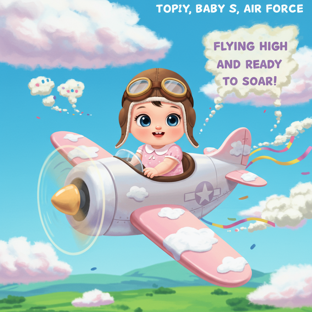 At the top of the Cartoon Style image, the text reads: "Top Baby, US Air Force"

---

The scene captures a playful, cartoonish portrayal of a baby girl as a future aviator flyer. She is wearing a tiny, adorable aviator hat complete with cute little goggles perched atop her head. The baby girl has oversized, endearing eyes and a toothless grin, exuding an infectious charm. She is sitting in a whimsical, pastel-colored toy airplane, with wings that have fluffy, white cloud patterns.

The airplane is soaring through a bright, azure sky filled with cotton candy-like clouds. Below, there are hints of a vibrant green landscape peeking through, giving a sense of adventure and boundless potential. The propeller at the front of the airplane spins energetically, adorned with colorful streamers that trail behind, adding to the lively and spirited atmosphere.

In the sky, little puffs of smoke spell out a playful message: "Flying High and Ready to Soar!" 

The colors are bold and lively, with the baby girl's attire in soft pinks and whites, and the airplane in a cheerful mix of pastel shades, reflecting an atmosphere of joy and anticipation for the bright future ahead.
Generated with these themes:  baby girl Future aviator flyer , and .
Made with ❤️ by AI.