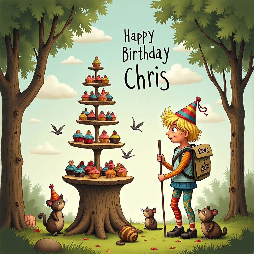 Shoulder bag, Essiks sign, Male, blond chin length hair, Hiking stick, Colourful leggings, and Three tier cake stand Birthday Card
