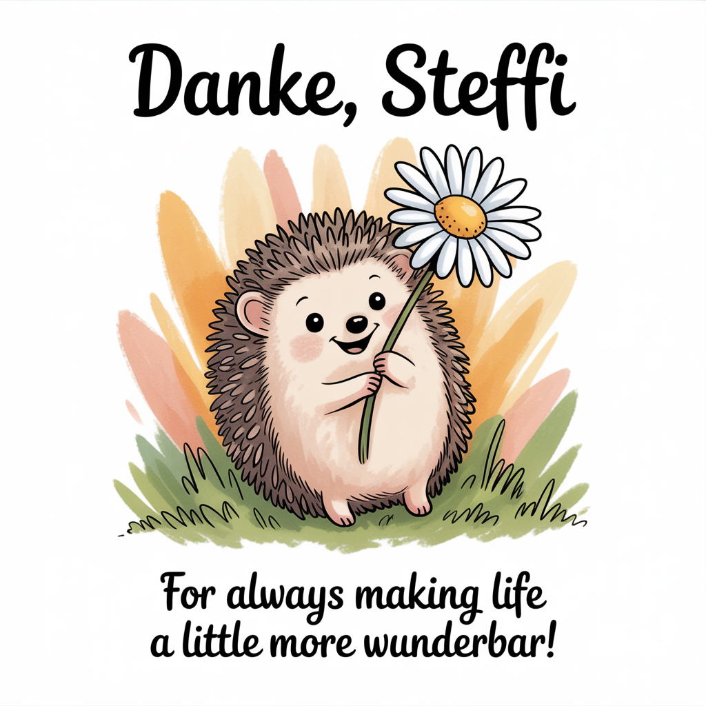 At the top of the image, "Danke, Steffi":

At the bottom of the image, "For always making life a little more wunderbar!"

- In the center of the image, illustrate a hand-drawn, adorable cartoon-style scene of a small, joyful hedgehog holding a large daisy in its tiny paws. The hedgehog has a cute, wide-eyed expression, surrounded by gentle strokes of warm pastel colors that evoke a feeling of gratitude and warmth.
Generated with these themes: .
Made with ❤️ by AI.