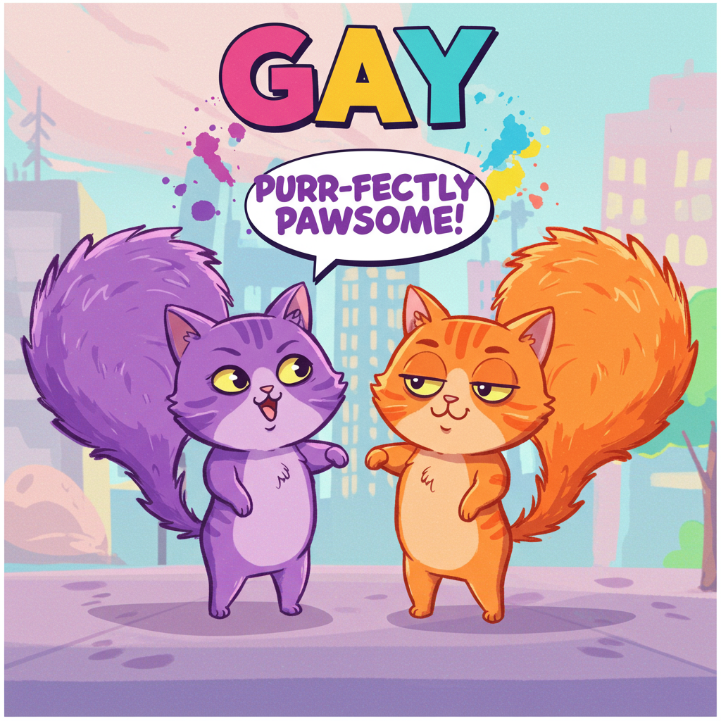 At the top of the Cartoon Style image, place the word "gay" in bold, colorful letters with a playful font.

Image Description: Create a vibrant and cheeky cartoon scene featuring two anthropomorphized cats, one with an exaggerated smirk and the other rolling its eyes, surrounded by a splash of rainbow colors. The cats are in a playful pose, standing on their hind legs with exaggerated, bushy tails forming a heart shape. Each cat is playfully exaggerated with bright, saturated fur colors, one being a bright purple and the other a vivid orange. Between them, a cheeky speech bubble reads, "Purr-fectly Pawsome!", in a bold, comic-style font. The background is a lively cityscape in pastel hues, adding to the whimsical and playful mood.
Generated with these themes: Cunt, Pussy, and .
Made with ❤️ by AI.