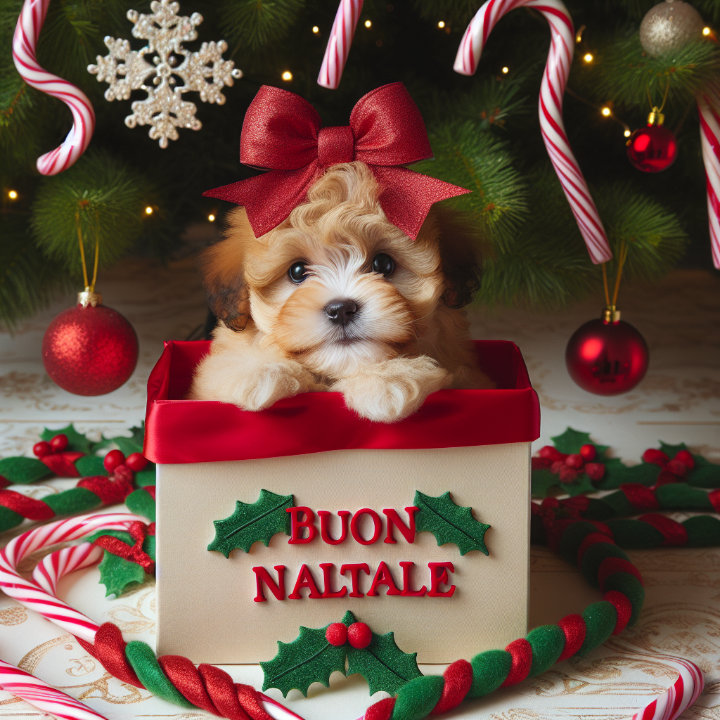 The scene reveals a round-faced puppy with a fluffy coat, snuggled within a gift box under a beautifully decorated tree. Its eyes are filled with delight, and a sparkling red bow gently rests on its head. Adjacent to the box, 'Buon Natale' is spelled out with candy canes and holly, adding a sweet touch to the holiday setting.
Generated with these themes: Puppy dog.
Made with ❤️ by AI.