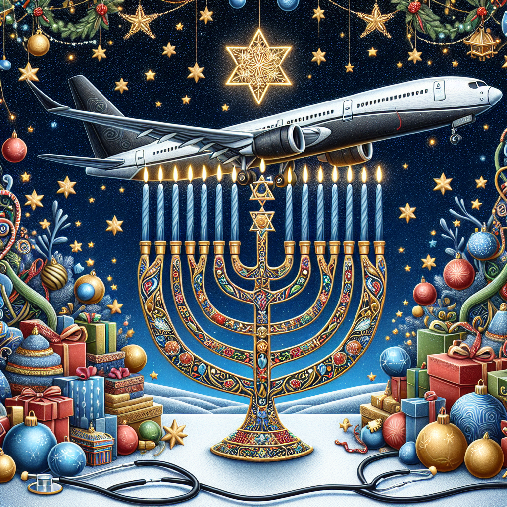Drawing of a Hanukkah-themed Christmas setting where an airplane is seen flying over a menorah made of stethoscopes, surrounded by festive decorations.
Generated with these interests: Aviation , Medicine , and Jewish.
Made with ❤️ by AI.