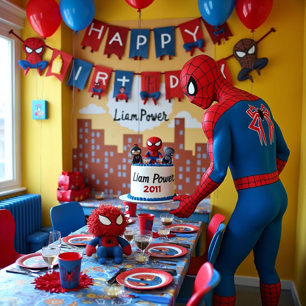 The scene unfolds in a cartoonish indoor space, where the central attraction is a life-sized cut-out of Spider-Man attached to the wall, presenting a birthday cake to the guest of honor, 'Liam Power'. We see the cake is lavishly adorned with icing that resembles webbing, and the Yum yums characters serve as the cake toppers. Hanging from the ceiling is a personalized happy birthday banner with each letter individually styled to represent a different aspect of Spider-Man's costume, and 'Liam Power' boldly highlighted in the center. The table setting features napkins, plates, and cups all emblazoned with Spider-Man and the Yum yums, and the chairs are decked out with red and blue balloons. Beside the cake, a piñata in the shape of a Yum yum awaits, enticingly filled with treats and small toys. The floor is illustrated with a cityscape reminiscent of Spider-Man's New York, guiding partygoers to a designated photo booth area for memorable snapshots, complete with props of Spider-Man masks and Yum yum plushies.
Generated with these themes: Spider man, and Yum yums.
Made with ❤️ by AI.