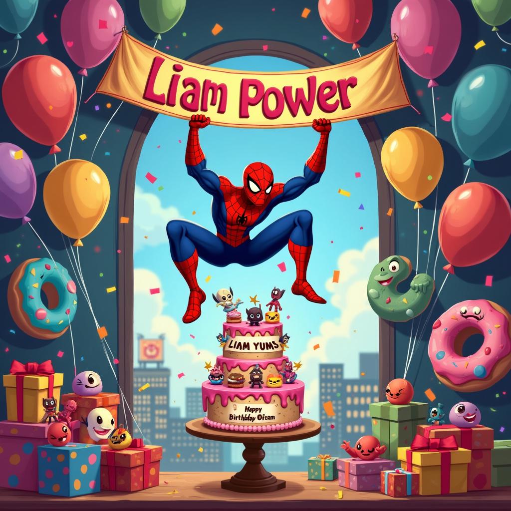 A vibrant cartoon birthday scene bustling with colors where Spider-Man hangs from his web at the center, surrounded by an array of 'Yum yums' which are whimsically exaggerated colorful donuts and cakes with smiling faces. Above Spider-Man, a large happy birthday banner stretches across, with 'Liam Power' playfully inscribed in a bold, comic book-style font. Each letter of Liam's name is a different color, matching the multicolored balloons that float around the room. On a table below, a custom three-tier birthday cake stands as the centerpiece, decorated with edible figurines of Spider-Man and an assortment of Yum yums. The top tier holds a sign saying 'Happy Birthday Liam' in a dynamic, action-filled typeface. To complete the scene, confetti is scattered throughout, and there are gift boxes that have Spider-Man and Yum yums themed wrapping paper.
Generated with these themes: Spider man, and Yum yums.
Made with ❤️ by AI.