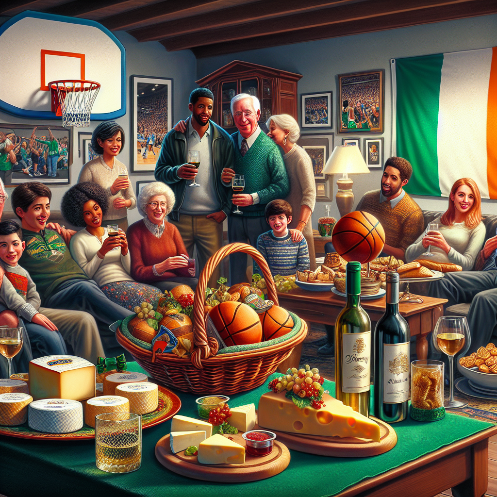 Create a festive image depicting a mixed-race group of family and friends gathered for a birthday celebration. The scene takes place in a lounge adorned with basketball-themed decorations, including a miniature hoop hanging on the wall. In the room, a lavish basket full of scrumptious Irish cheeses sits adjacent to an array of fine wines. The room is filled with the sound of cheerful conversations and laughter, underlining a sense of warmth and joy in this deeply realistic depiction of a heartfelt celebration.
Generated with these themes: Wine, Irish, Basketball , Family, and Friends .
Made with ❤️ by AI.