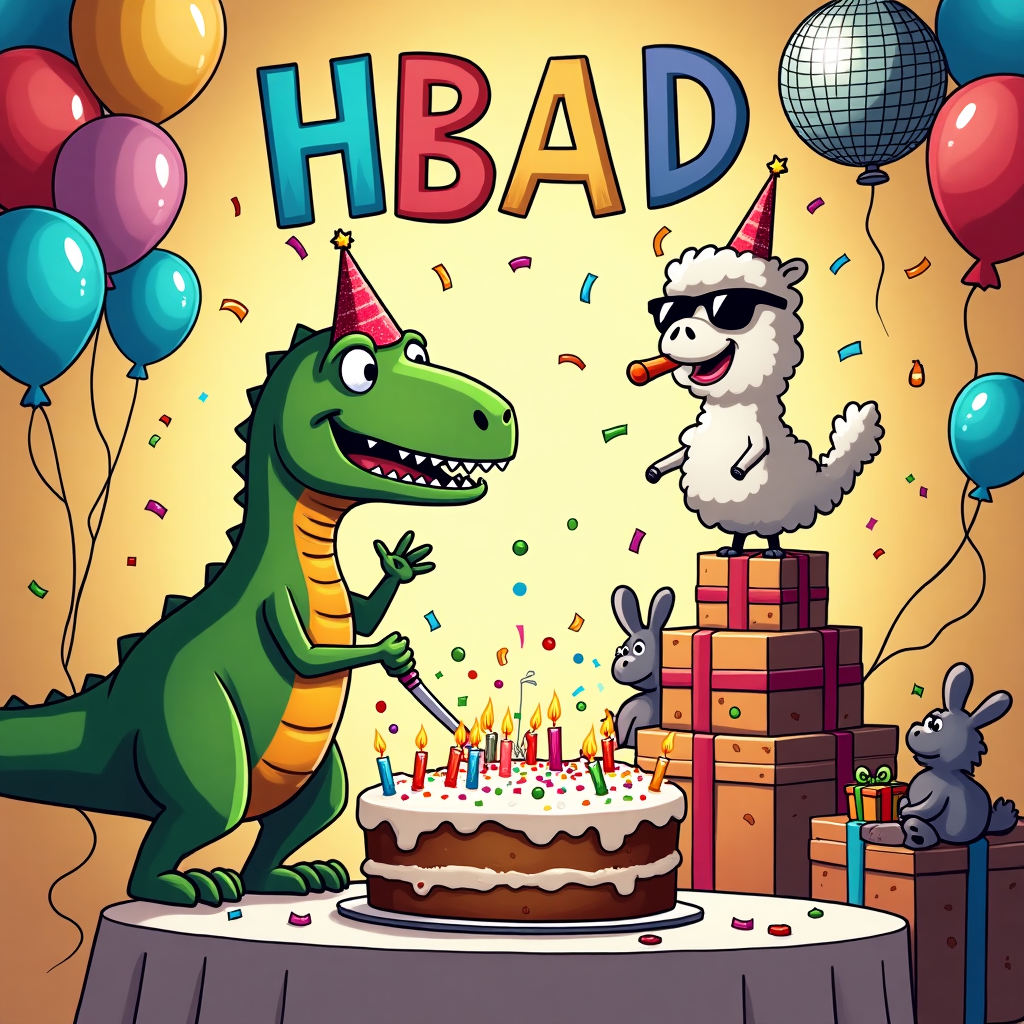 At the top of the illustration image, “Happy Birthdae Saad – Time to cake it till you make it!”

Prompt for illustration:  
A quirky cartoon-style birthday party in full swing featuring a dapper T-Rex in a sparkly birthday hat clumsily attempting to slice a gigantic cake with tiny arms. Balloons spell out "HBD" above, but one balloon has floated off and tangled in a chandelier. Saad, caricatured as a funky llama wearing sunglasses and a party blower, stands proudly atop a throne of gift boxes while confetti explodes around him. A disco ball shaped like a birthday cupcake spins above, casting rainbow sparkles. Background is a riot of streamers, silly dancing party animals, and flying frosting. Make it vibrant, hilarious, and bursting with celebration chaos.
Generated with these themes: HBD.
Made with ❤️ by AI.