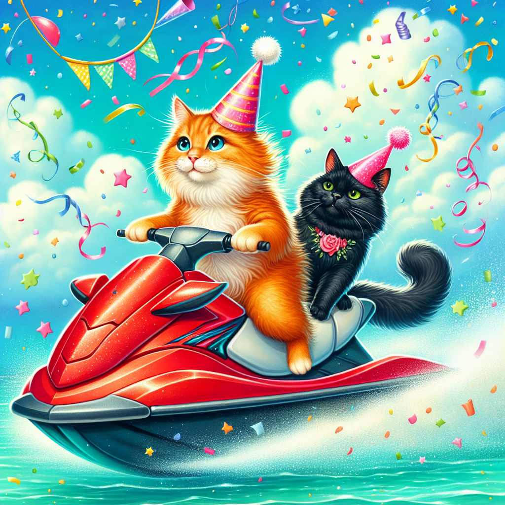 Create a delightful birthday illustration depicting a ginger cat steering a bright red jet ski, its fur being tousled by the wind. Behind the pilot, there's a sleek black cat with a shiny coat, wearing a pink party hat placed just behind one ear and gazing ahead with anticipation. They are skimming across a sea imbued with an enchanting shade of turquoise, all under a clear sky filled with fluffy white clouds. From above, a shower of colorful confetti and streamers gently descends, greatly enhancing the festive atmosphere of the scene.
Generated with these themes: Ginger cat riding a jet ski with a black cat as passenger. .
Made with ❤️ by AI.