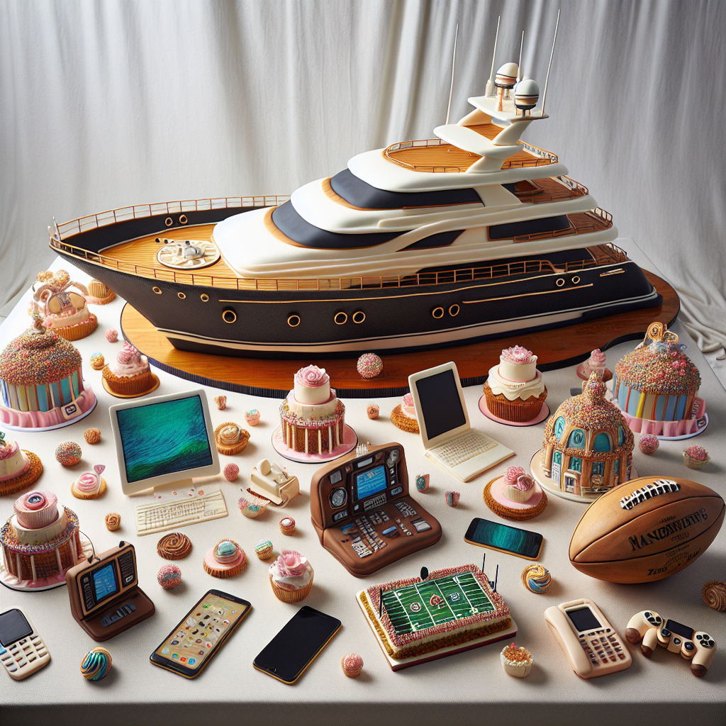 Envision a decadently charming birthday setup. In the center is a magnificently large, edible luxury boat, serving as a grand cake. Its details meticulously captured with icing and edible decorations. Scattered around the table are carefully designed replicas of computers and mobile phones made from various confectionaries, adding an element of technology. Among these high-tech attractions, hand-painted rugby balls gently rest, providing a personal and nostalgic touch to the overall celebration environment. 
Generated with these themes: His mobile phone, His luxury boat, Computers, and Rubgy.
Made with ❤️ by AI.