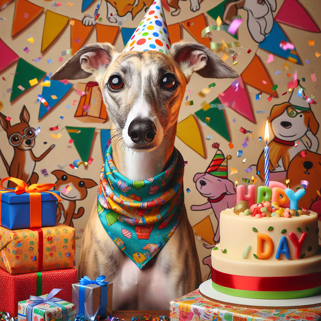 Create a delightful image of a birthday celebration for a cherished Whippet dog. Its fawn coat and soulful brown eyes should be highlighted. The dog proudly sports a festive neckerchief adorned with vibrant birthday motifs and sits next to a pile of colorfully wrapped gifts. The air is filled with floating confetti, adding to the merry ambiance. A specially handcrafted birthday cake for dogs sits nearby with a single lit candle atop, ready for the much-anticipated moment. The background is graced with an assortment of cartoon creatures adorning party hats, all contributing to the joyful party atmosphere.
.
Made with ❤️ by AI.