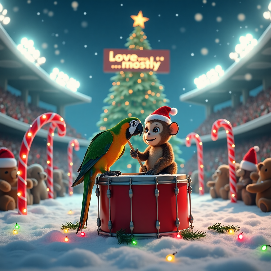 In the bustling heart of a snow-dusted stadium, a whimsical Christmas spectacle unfolds. The vibrant scene is centered around a towering, festive scoreboard, which displays the words "Love you…mostly" in bright, twinkling lights that dance across the snowflakes. Below this playful message, an enchanting tableau takes place on the stadium field. Perched precariously on a Christmas-themed drum set, a lively parrot with iridescent feathers leans forward, its beak softly touching the cheek of a wide-eyed monkey wearing a tiny Santa hat. The monkey, seemingly surprised by this avian affection, sits cross-legged atop a large bass drum, clutching a pair of drumsticks adorned with mistletoe. Around them, scattered like confetti, are various percussion instruments wrapped in colorful fairy lights, casting a magical glow. In the background, a massive Christmas tree stands tall, adorned with oversized ornaments and a shimmering star at its peak. The stands are filled with stuffed toy animals dressed in holiday attire, eagerly watching the charming duo. The entire scene is framed by an archway of candy canes, adding a touch of sweetness to this merry Christmas spectacle.
Generated with these themes: Love you …..mostly written on stadium scoreboard , Bird kissing monkey, and Drums.
Made with ❤️ by AI.