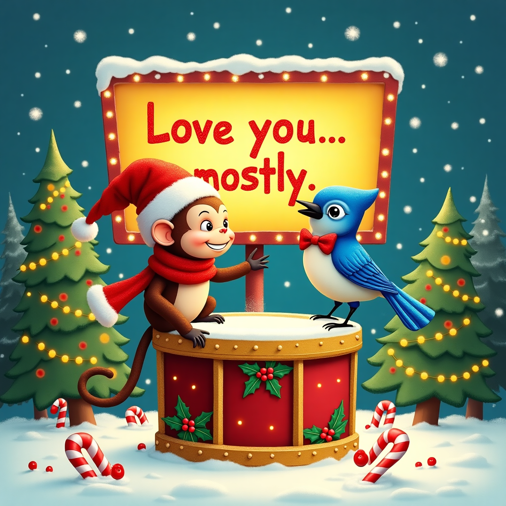 In the foreground of the card, a cheeky little monkey, wearing a Santa hat and a vibrant red scarf, is perched on a massive, glittering drum that gleams with golden rims and is decorated with colorful holly patterns. The monkey is playfully leaning forward with its eyes half-closed, as a sprightly blue jay adorned with a tiny red and green striped bow tie swoops in for a gentle peck on the cheek, capturing a whimsical moment of unexpected affection. Behind them, towering over the scene, is a grandiose stadium scoreboard, brilliantly lit against a backdrop of softly falling snowflakes. The scoreboard, festively adorned with twinkling Christmas lights, proudly displays the words "Love you...mostly" in bold, blocky letters that shimmer like freshly polished candy canes. Surrounding the base of the scoreboard are scattered music notes made of snow, delicately crafted as if by a whimsical winter artist, hinting at a merry, musical atmosphere. In the background, a cluster of evergreen trees, dusted with snow and strung with golden fairy lights, complete the festive setting, as if embracing this enchanting vignette with open, leafy arms.
Generated with these themes: Love you …..mostly written on stadium scoreboard , Bird kissing monkey, and Drums.
Made with ❤️ by AI.
