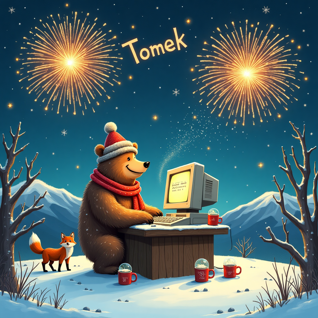 In the center of the New Year's greetings card illustration, a jovial bear, donning a comically oversized scarf and a snug winter hat, sits at a rustic wooden desk placed atop a snowy hill. The bear's fur glistens with tiny snowflakes as he intently types on an ancient-looking computer with a CRT monitor, the screen whimsically displaying a countdown to midnight. Scattered around the desk are various wintry accessories—snow globes, steaming mugs of hot cocoa, and a little calendar with "December 31st" boldly circled. Behind the bear, the night sky is alive with dazzling fireworks, their vibrant hues painting the heavens. Amidst the bursts of color, the name "Tomek" is ingeniously written using the sparkling trails of the fireworks themselves, glowing brightly against the dark, star-speckled sky. The landscape surrounding the bear is a picturesque winter wonderland, with softly rolling snowbanks and a few bare-branched trees reaching up as if to catch the fireworks. In the background, distant mountains loom, their peaks dusted with fresh snow. A small, curious fox peeks from behind a tree, watching the bear's antics, while tiny footprints in the snow suggest the presence of other woodland creatures, perhaps joining the bear in its New Year's revelry. The scene captures a blend of whimsical charm and detailed storytelling, echoing the inspirations of beloved classic illustrators.
Generated with these themes: computer,bear,winter,firework.
Made with ❤️ by AI.