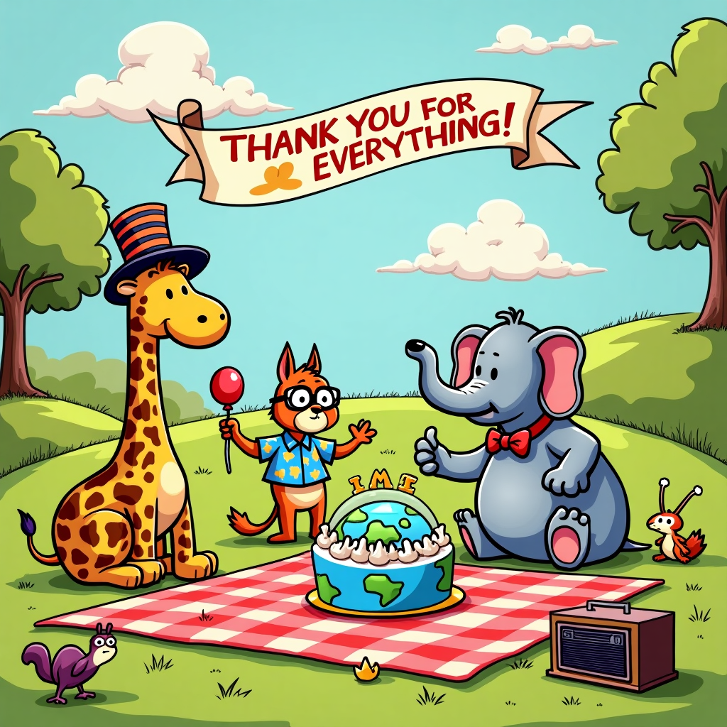 In the center of the greeting card, imagine an exuberant, cartoon-style picnic scene set in a lush, rolling park. In a nod to Charles Schulz and Bill Watterson, create a group of anthropomorphic animals, each with exaggerated features, gathered around a large, checkered picnic blanket. There's a tall, slender giraffe wearing a striped top hat and bow tie, a round, pudgy elephant in a Hawaiian shirt holding a balloon, and a small, energetic squirrel in oversized glasses juggling acorns.

The background features rolling hills with whimsical trees akin to those found in Winsor McCay's work. A soft pastel blue sky arches above with fluffy, cartoonish clouds, reminiscent of Hergé's clean lines, drifting lazily. Amongst the clouds, a banner flutters that reads "Thank You for Everything!" in bold, playful letters.

In the foreground, a cake shaped like a world globe sits on the picnic blanket, adorned with tiny flags of various countries, suggesting a global thank you. Upon the cake, the word "Imre" is creatively spelled out in whipped cream, standing proudly like a beacon of gratitude.

Scattered around the scene are a few whimsical details that harken to Gary Larson's surreal humor: a tiny, mischievous bird with an exaggerated beak perches atop a vintage radio, a teapot shaped like a snail, and an oversized sunhat casting a playful shadow on the ground.

Overall, the colors are bright and inviting: yellows, blues, and greens dominate, with splashes of red and purple accents, capturing the essence of a lively, joyful thank-you scene.
Generated with these themes: Thank you for everything.
Made with ❤️ by AI.
