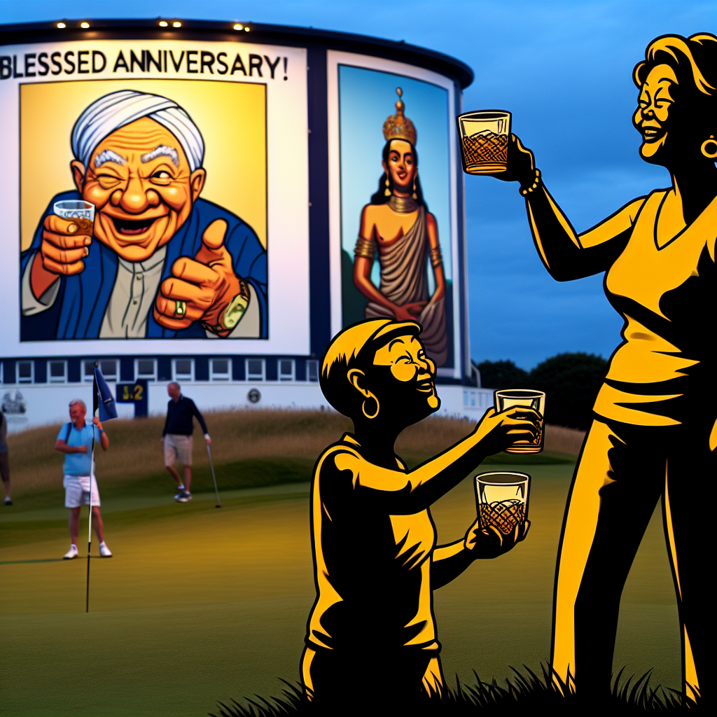 An image set at dusk, showcasing the silhouette of a cartoon couple, of varied descents, one being Asian and the other being African, toasting whiskey glasses on the lush grounds of a golf course. Behind them, a grand billboard displays a humorous depiction of a non-specific deity, with a wink and the words 'Blessed Anniversary!' imprinted on it. Towards the corner, a caricature of a woman, of Middle-Eastern descent, sporting a snug golf tee takes a joyous toast with her drink, her exaggerated figure causing an uproarious merriment amongst the group of spectators varying in genders and descents.
Generated with these themes: Golf , Whiskey , God, and Boobs.
Made with ❤️ by AI.