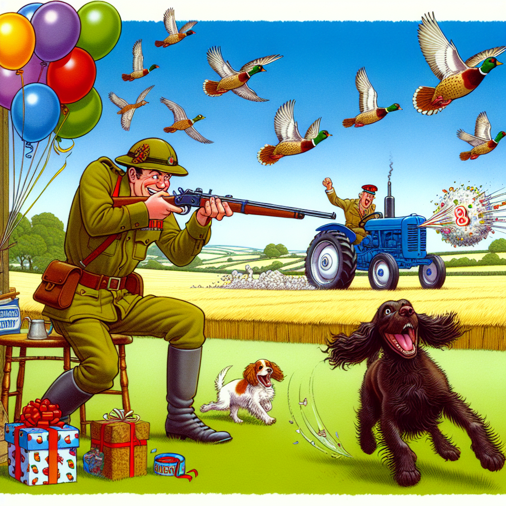Visualize a humor-filled cartoon for a birthday greeting card, influenced by the whimsy of a scene set in the countryside of Wales. In the prominent section, there's a Caucasian male British soldier, grinning amusingly as he aims a humorously exaggerated rifle at flying pheasants. Next to him, a delighted spaniel jumps with boundless excitement. In the distance, a blue tractor decorated with birthday balloons moves across a field. Surprisingly, the tractor's exhaust pipe billows with pieces of lingerie, insinuating a humorous accident at a birthday party. The style should favor a vibrant color palette and amusingly overstated features to trigger laughter and joy.
Generated with these themes: Wales , Shooting pheasants, British soldier, Spaniel, Lingerie, and Blue Tractor.
Made with ❤️ by AI.