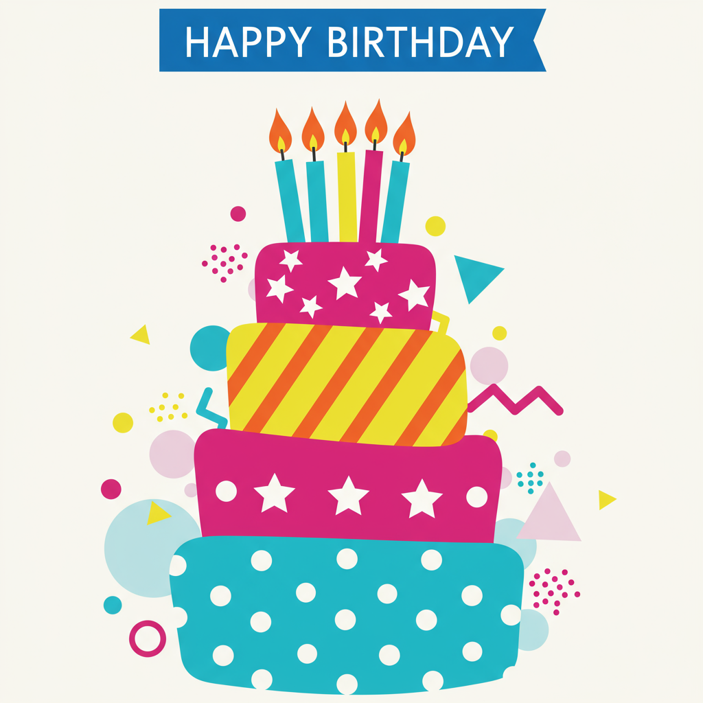 Front and center on the greeting card is a large, whimsical birthday cake designed in a vector style, consisting of three stacked tiers. Each tier is slightly off-kilter, creating a playful, dynamic look. The bottom tier is a vivid turquoise with a pattern of evenly spaced, small, white polka dots. The middle tier is bright yellow, adorned with a series of crisp, bold diagonal stripes in alternating shades of orange and red. The top tier is a deep magenta, covered with flat, solid stars in a contrasting white.

Perched atop the cake is a cluster of oversized, flat, stylized candles in varying heights. Each candle is a solid, bold color—electric blue, lime green, fiery red—and features a clean, flat flame. The flames are sharp and crisp, with a gradient transition from yellow at the base to orange at the tip.

Surrounding the cake is a backdrop of abstract geometric shapes floating in the background. These include small circles, triangles, and rectangles in a harmonious palette of pastel pink, lavender, and sky blue. These elements are scattered across a soft white background, adding depth and interest without overwhelming the central cake image.

Along the top edge of the card, a clean, vector-style banner in a rich royal blue runs horizontally. Inside the banner, bold white letters spell out "HAPPY BIRTHDAY" in a sans-serif font, maintaining the card's modern aesthetic. The overall composition is clean and organized, with precise lines and a minimalistic feel that echoes the inspirations of vector artists like Malika Favre and Matt W. Moore, combining simplicity with vibrant color and pattern.
Generated with these themes: ,.
Made with ❤️ by AI.