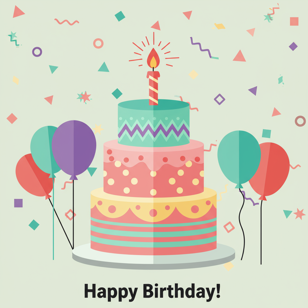 Front and center of the card, picture a large, cartoonish birthday cake with three tiers, each layer in a progressively larger diameter. The cake is decorated in a flat vector style, showcasing a vivid color palette of pastel pinks, mint greens, and lemon yellows. Each tier features bold, geometric patterns — the bottom layer with wide stripes, the middle adorned with polka dots, and the top covered in zig-zag lines. 

Atop the cake sits a single oversized, stylized candle in bright orange, with a flame that flickers into an exaggerated teardrop shape, radiating from the top like a mini sunburst. The cake rests on a clean white plate, with a flat, shadowed outline that adds depth without disrupting the flat aesthetic.

Surrounding the cake are a collection of floating, colorful balloons in flat vector style, each with a slightly elongated teardrop shape and no strings visible. The balloons are colored in a palette of vibrant reds, blues, purples, and greens. They are positioned at various heights, creating a balanced and harmonious composition around the central cake.

In the background, a seamless pattern of abstract confetti fills the space, with small geometric shapes — triangles, circles, and squares — in assorted bright colors like teal, coral, and lavender. The background itself is a muted, flat light blue, providing a subtle contrast to the vibrant foreground elements, and contributing to a sense of depth.

Positioned towards the bottom of the card, in a crisp sans-serif font in bold black, is the text "Happy Birthday!" This text arches slightly, following the contour of the cake, providing a clean and modern touch to the overall design. The alignment and spacing of each letter are meticulous, ensuring clarity and maintaining the card’s streamlined aesthetic.
Generated with these themes: ,.
Made with ❤️ by AI.