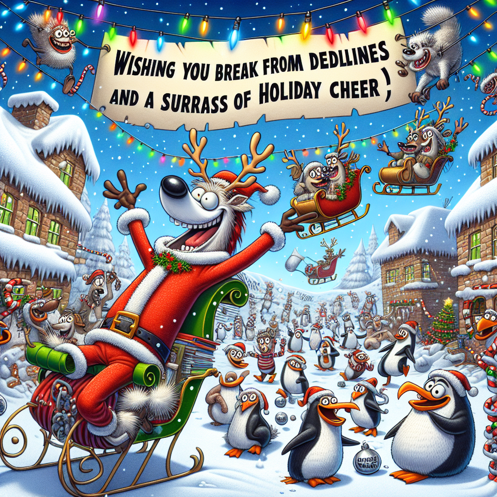 A bustling, snow-covered cartoon village where animated animals engage in humorous antics while stringing lights. In the sky, Santa, played by a goofy-looking reindeer, flies a sleigh pulled by penguins. Above them, in playful lettering, are the words 'Happy Holidays to Everyone :)', with 'Wishing you a break from deadlines and a surplus of holiday cheer!' written on a comically unfurled scroll carried by a chuckling snowman.
Generated with these themes: Happy Holidays to Everyone :).
Made with ❤️ by AI.