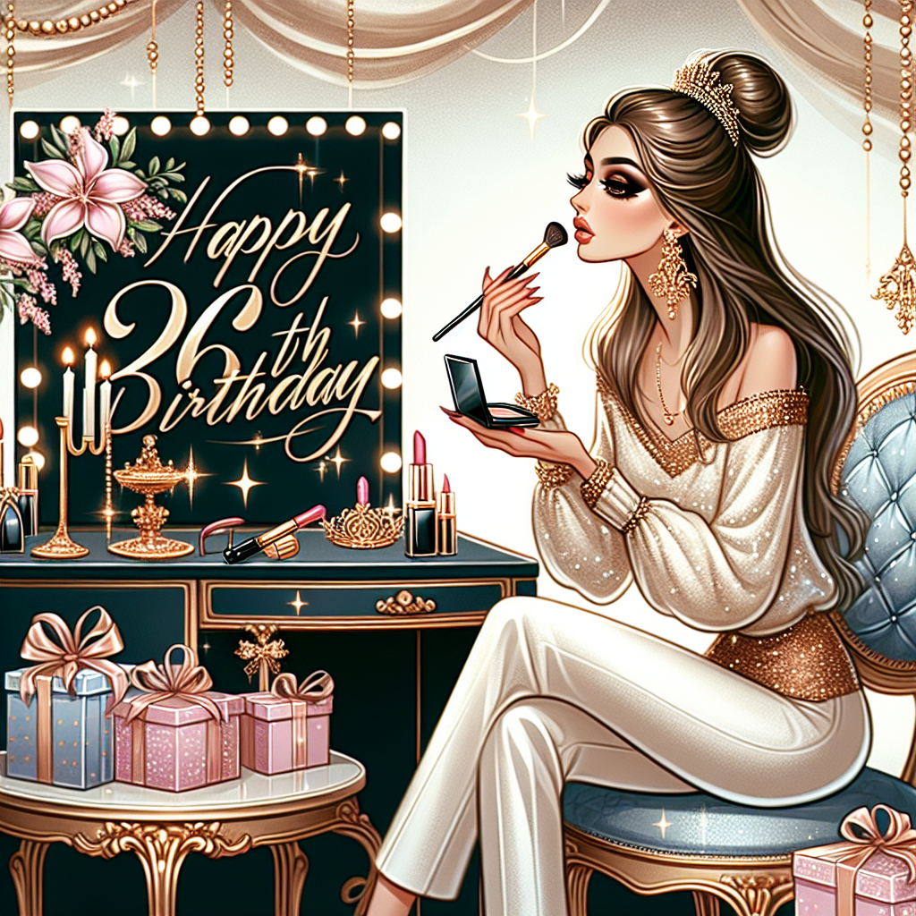 A lavish birthday illustration with an upscale and festive vibe, featuring a stylish 26-year-old individual. This person of Middle-Eastern descent, sitting gracefully at an opulent vanity, is artistically represented applying makeup with precision. The surroundings sparkle with luxurious decor and extravagant gifts, epitomizing splendor and celebration. An elegant banner subtly conveys 'Happy 26th Birthday' in the background, further accentuating the refined party ambience.
Generated with these themes: Celebrating, Make up, Luxusury, and 26 years.
Made with ❤️ by AI.
