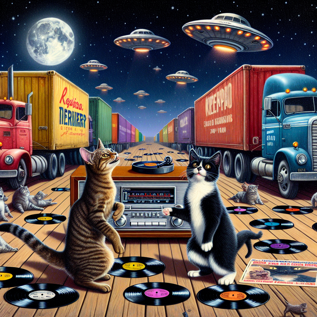 Create an image for a 70th birthday theme that features a brown tabby cat and a black and white cat enthusiastically dancing to the music coming from a vintage hi-fi. The area around them is littered with vinyl records, displaying the celebrant's passion for music. In the distance, numerous colorful freight trucks are parked, each one representing the adventures of a long life. Above them, the night sky is studded with stars, and among these stars hover playful UFOs, adding a playful and whimsical nuance to the commemorations of this significant life milestone.
Generated with these themes: Brown tabby cat, Black and white cat , Hi-fi , Records , Freight trucks , 70th birthday, and UFOs.
Made with ❤️ by AI.