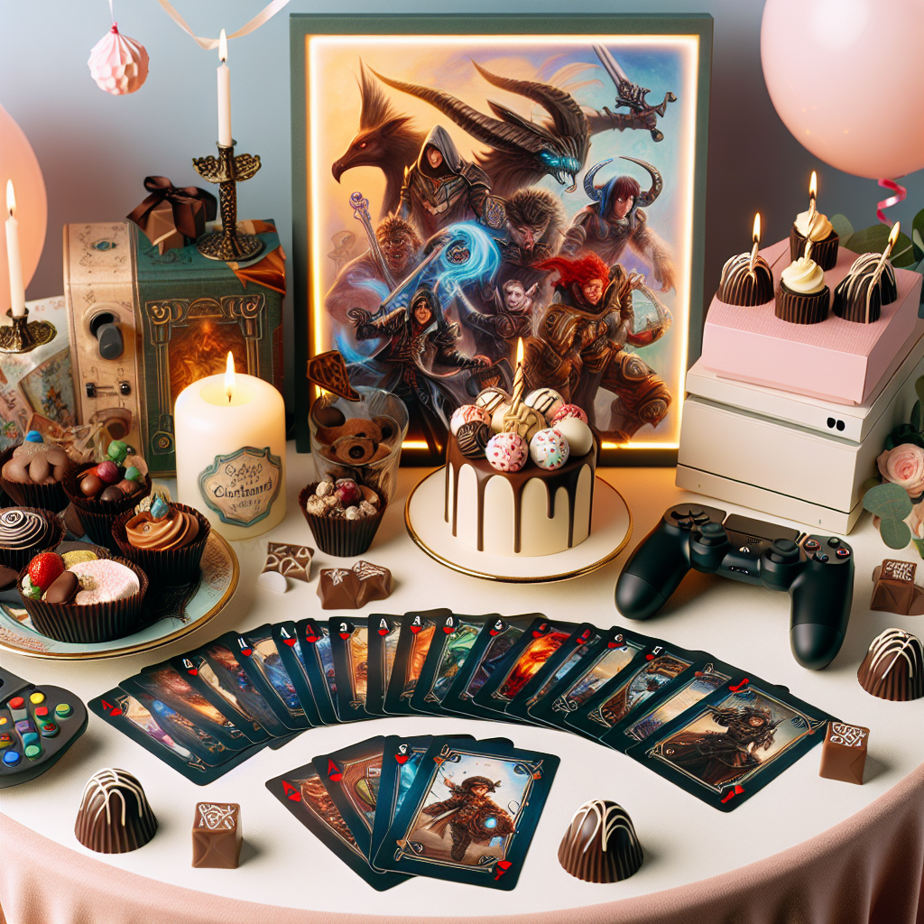 Depict a comfortable birthday setting featuring a mix of fantasy-themed playing cards spread over a table as though a game is in progress. Included are depictions of imaginative characters peeking from behind the setup. Nearby, a selection of chocolate goodies indicative of popular digital games and a console assemblage suggests an enjoyable gaming atmosphere. The entire scene is made more inviting with the use of soft pastel colors and whimsical illumination, adding to the celebratory and jovial feel of the occasion.
Generated with these themes: Magic the gathering, Video games, and Chocolate.
Made with ❤️ by AI.
