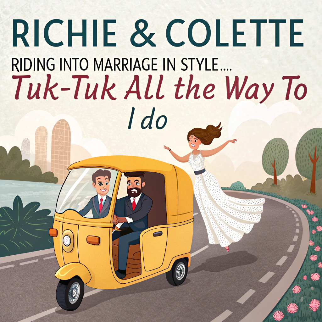 At the top of the image, "Richie & Colette – Riding into Marriage in Style… Tuk-Tuk All the Way to ‘I Do’!" 

- In the center of the image, illustrate a brightly colored tuk-tuk (rickshaw) hilariously zooming down a cobbled road. Richie is wearing a slightly wind-blown tux and a panicked face as he grips the handlebars (as if he's driving badly), while Colette, in a wildly veiled wedding dress, holds onto the back seat, tossing a bouquet like she's hailing a cab. Cans trail behind the tuk-tuk, clanging loudly, with a "JUST MARRIED" sign comically taped over an old "Pizza Express" delivery logo.

- Add little cartoon doves trying to fly out of the way, one wearing aviator goggles.

- The tuk-tuk’s horn says "Beep if you're married!" and is honking at bewildered pedestrians.

- Include scattered confetti, and perhaps a lost wedding shoe bouncing in the road behind them for extra giggles.
Generated with these themes: Bride and groom on a tuk tuk.
Made with ❤️ by AI.