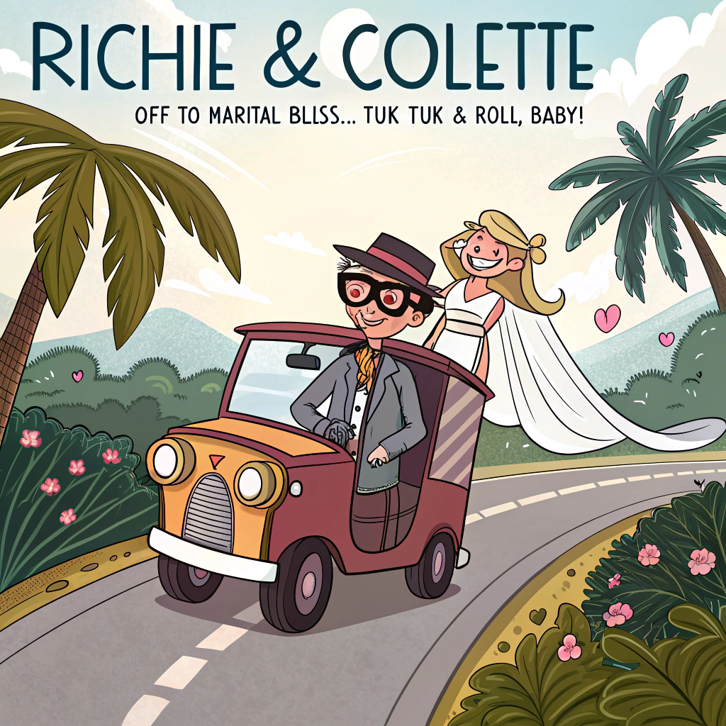 At the top of the image, "Richie & Colette—Off to Marital Bliss... Tuk Tuk & Roll, Baby!"

- Depict a vibrant, cartoon-style tuk tuk speeding down a tropical road. Richie is driving, wearing a top hat and aviator sunglasses, with a crazed, joyful grin. Colette, in full bridal gear and veil, clutches a bouquet with one hand and the tuk tuk roof with the other, clearly thrilled but mildly terrified.

- Tin cans and ‘Just Married’ signs trail from the back, while flower garlands fly off in the wind.

- A “Honeymoon or Bust!” flag flaps from the side as doves zoom alongside looking slightly concerned.
Generated with these themes: Bride and groom on a tuk tuk.
Made with ❤️ by AI.