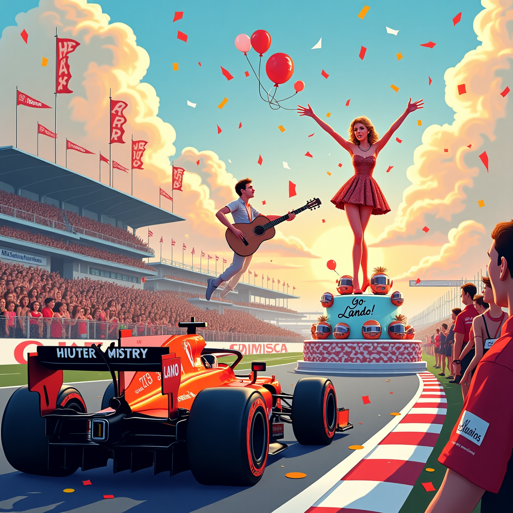 In this lively birthday card illustration, imagine a fantastical scene unfolding at an F1 Grand Prix race. The foreground is dominated by the iconic McLaren racing car, captured in the final moment of its glorious victory, with Lando Norris triumphantly raising his arms in celebration, his race helmet perched atop the car. Behind him, the grandstand is abuzz with jubilant fans waving checkered flags. Center stage is a pop-up concert platform, where Taylor Swift, adorned in a glamorous racing-themed outfit complete with sparkling checkered patterns, is strumming her guitar and singing into a vintage microphone. Her guitar strap humorously doubles as a pit crew lanyard, tying her performance into the racing world. Balloons shaped like F1 cars float around her. In the sky above, puffy clouds arrange themselves into the whimsical lettering of "Happy Birthday, Sammy!" The scene extends with vibrant details like confetti cannons going off in the background, showering the track with colorful paper in the shape of musical notes and racing helmets. On the track surface, an oversized, fanciful cake adorned with little Lando figurines and race car models has been wheeled out, inscribed with "Go Lando!" and "Team McLaren" in icing. The horizon is painted in pastel hues, reminiscent of a setting sun, as race marshals and fans with Taylor Swift merchandise gather excitedly, their expressions frozen in a delightful blend of surprise and joy. The artwork captures the thrilling confluence of speed and music, with every detail tailored to create a unique and memorable birthday celebration for Sammy.
Generated with these themes: Taylor Swift playing at the F1 Grand Prix, and Lando Norris winning the F1 Grand Prix for McLaren.
Made with ❤️ by AI.