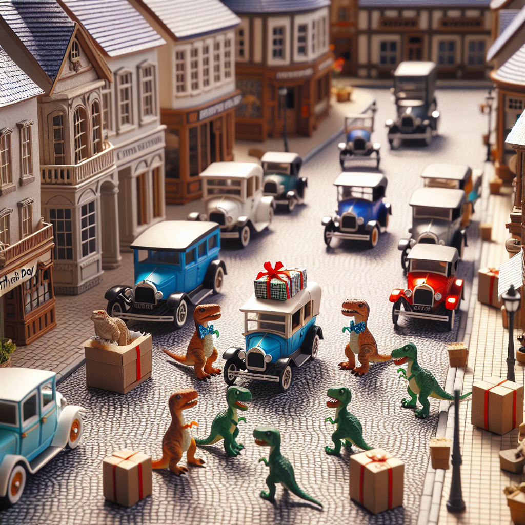 Depict a charming Father's Day display in a picturesque setting. Imagine a meticulously designed miniature town filled with life, with vintage cars neatly parked along cobblestone streets. These cars should have a polished, pristine paint job, gleaming under the gentle sunlight. From the center of the town square, visualize a delightful array of miniature dinosaurs, each one playfully adorned with a bow tie and a party hat. Position them so they appear to be joyously parading down the street in honor of the special celebration.
Generated with these themes: Cars, and Dinosaurs.
Made with ❤️ by AI.